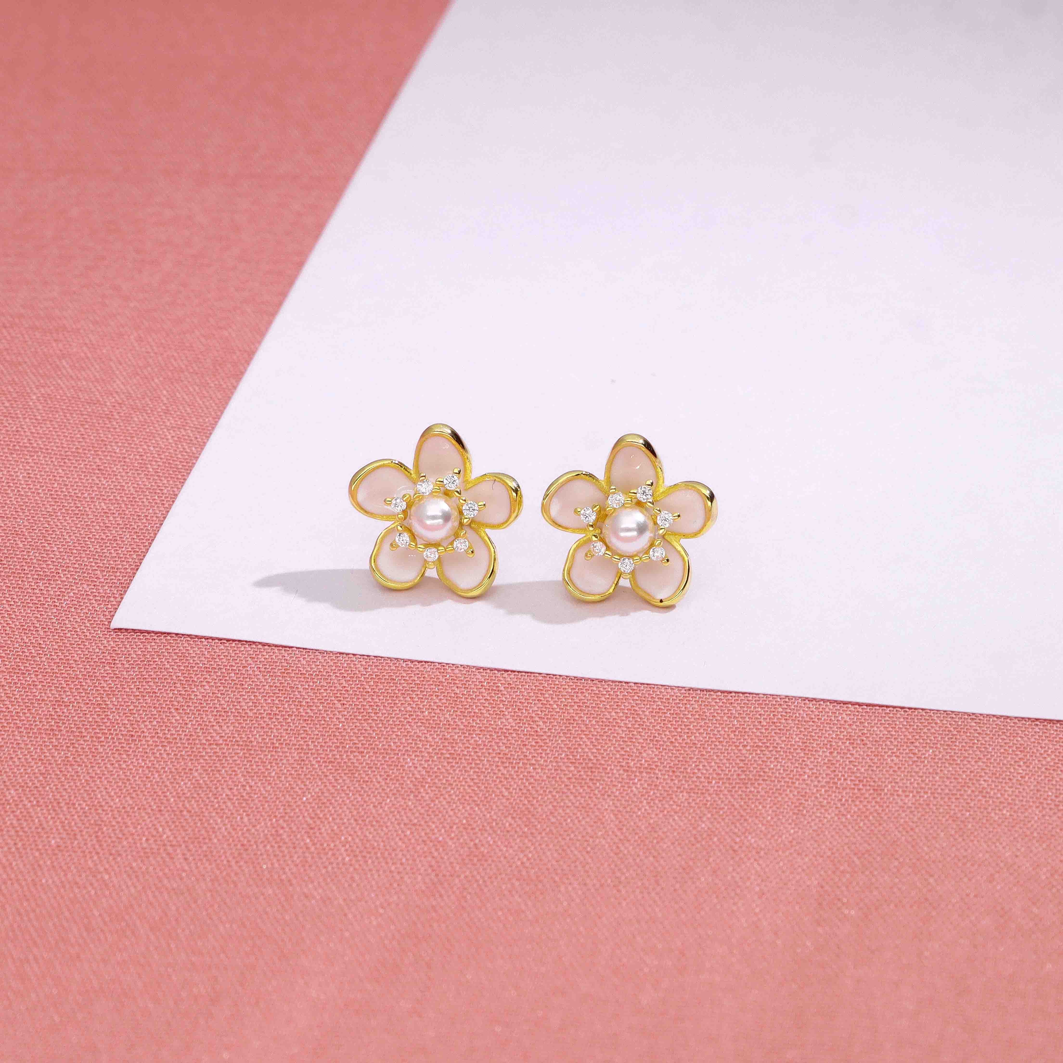 Silver Enamel Pearl Blossoms Flower Stud Earrings - Image 3