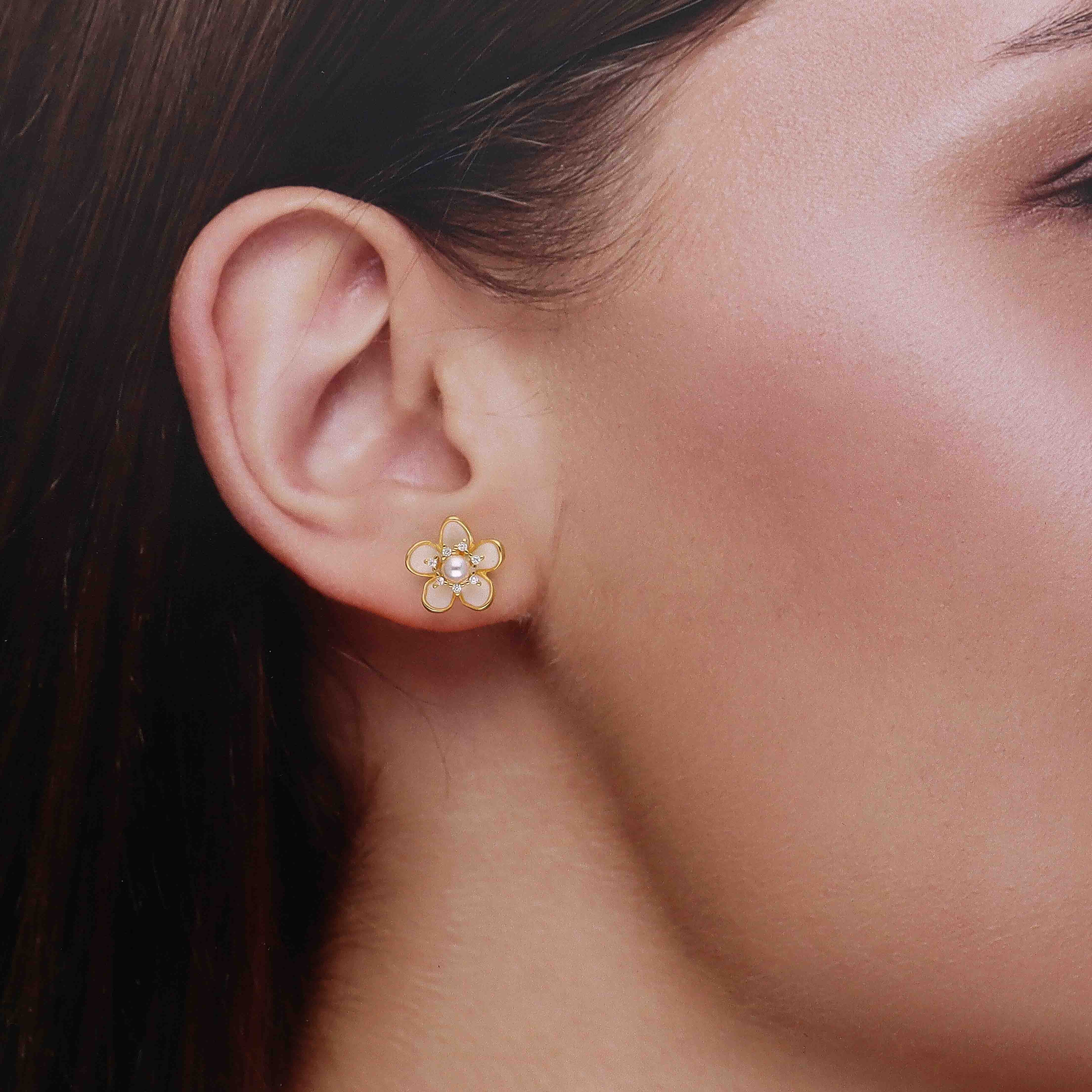Silver Enamel Pearl Blossoms Flower Stud Earrings - Image 6