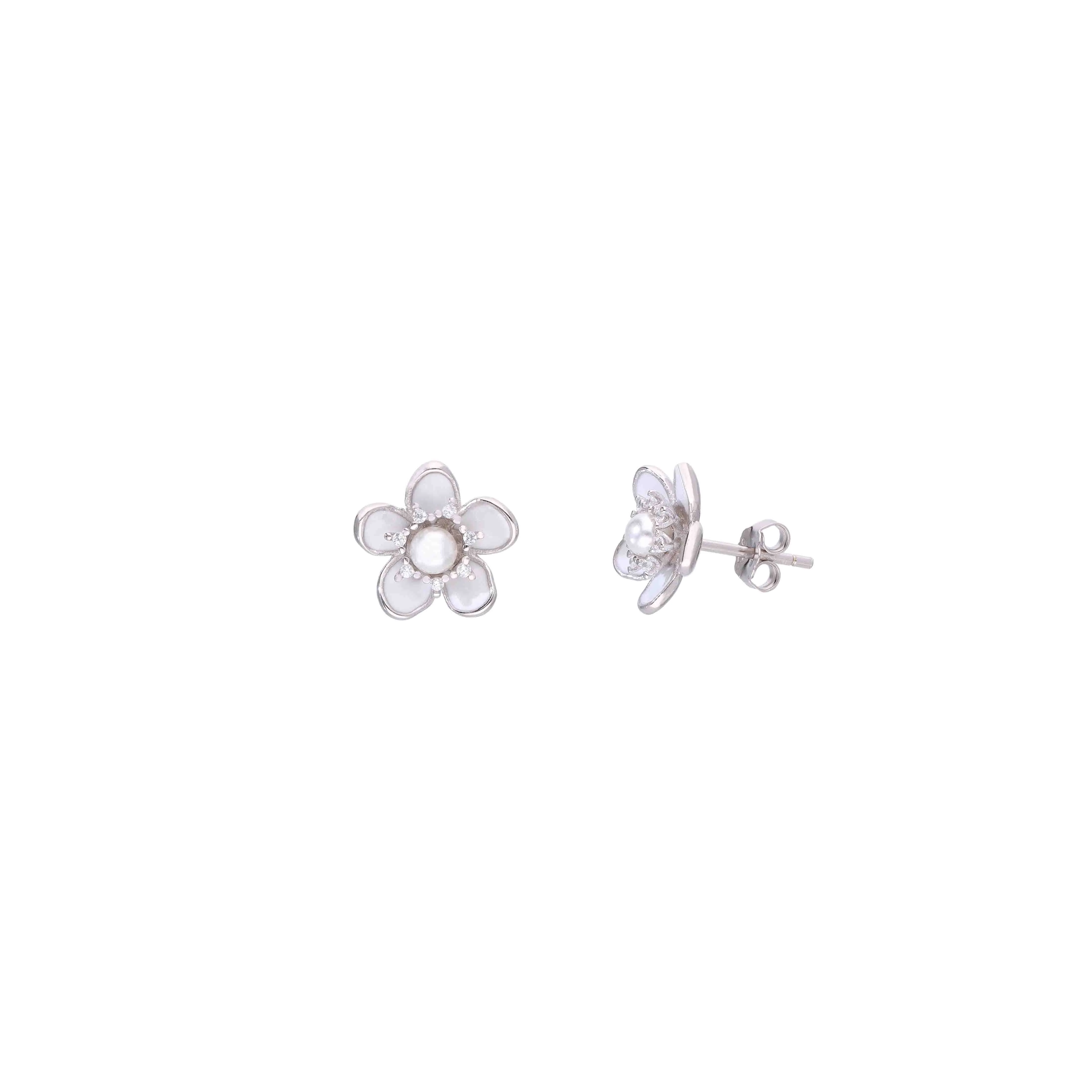 Silver Enamel Pearl Blossoms Flower Stud Earrings - Image 7