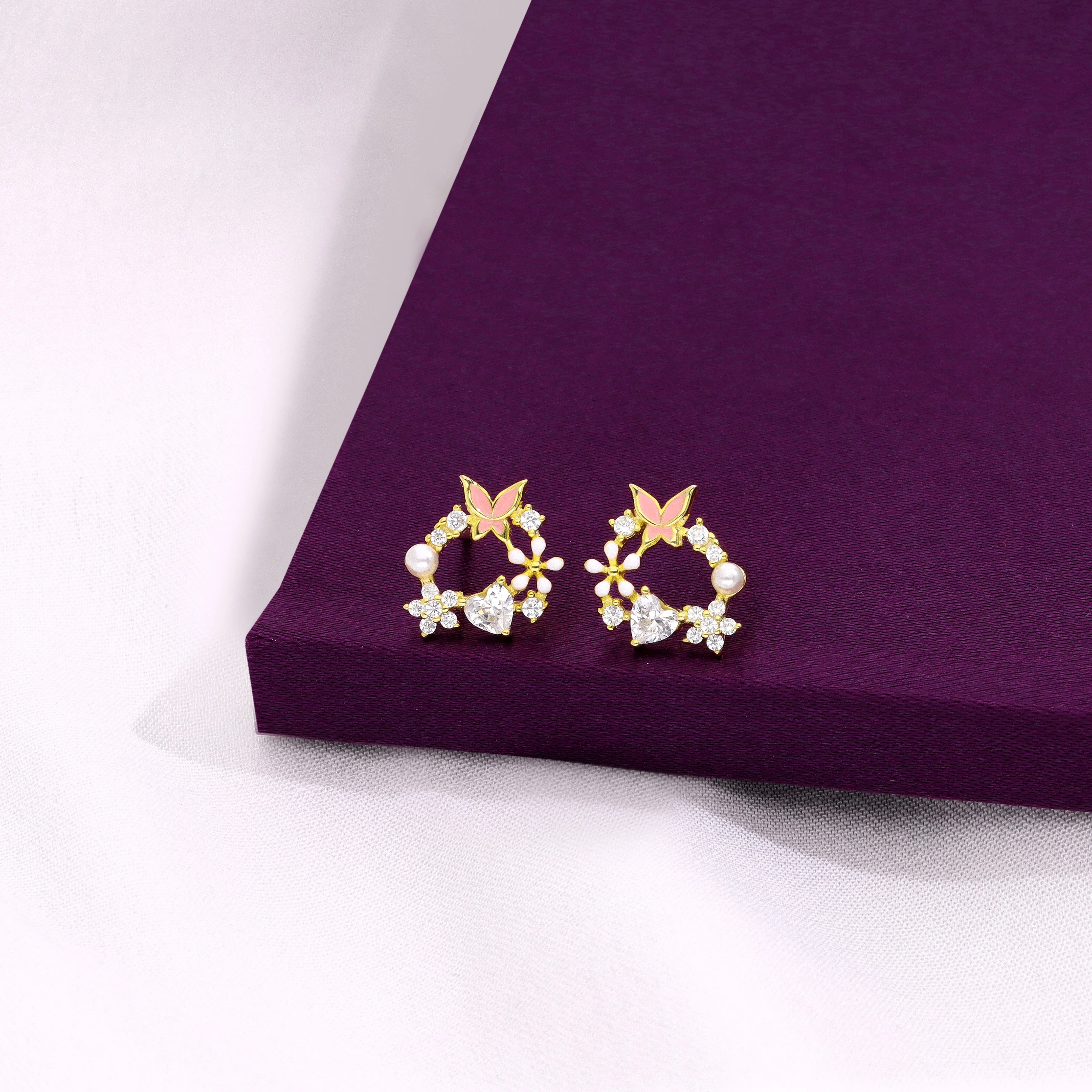 Sterling Silver Butterfly & Floral Wreath Stud Earrings - Image 3
