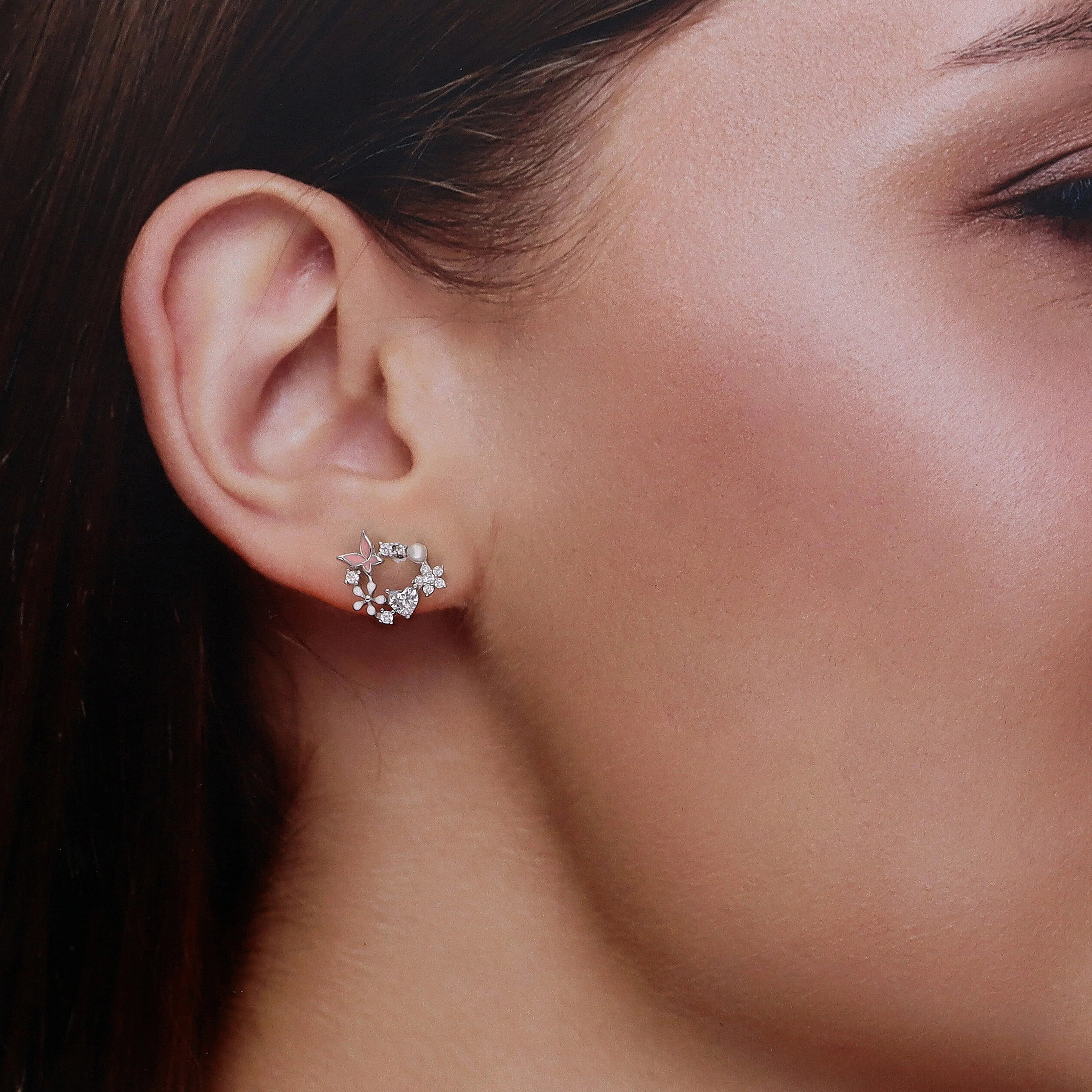 Sterling Silver Butterfly & Floral Wreath Stud Earrings - Image 4