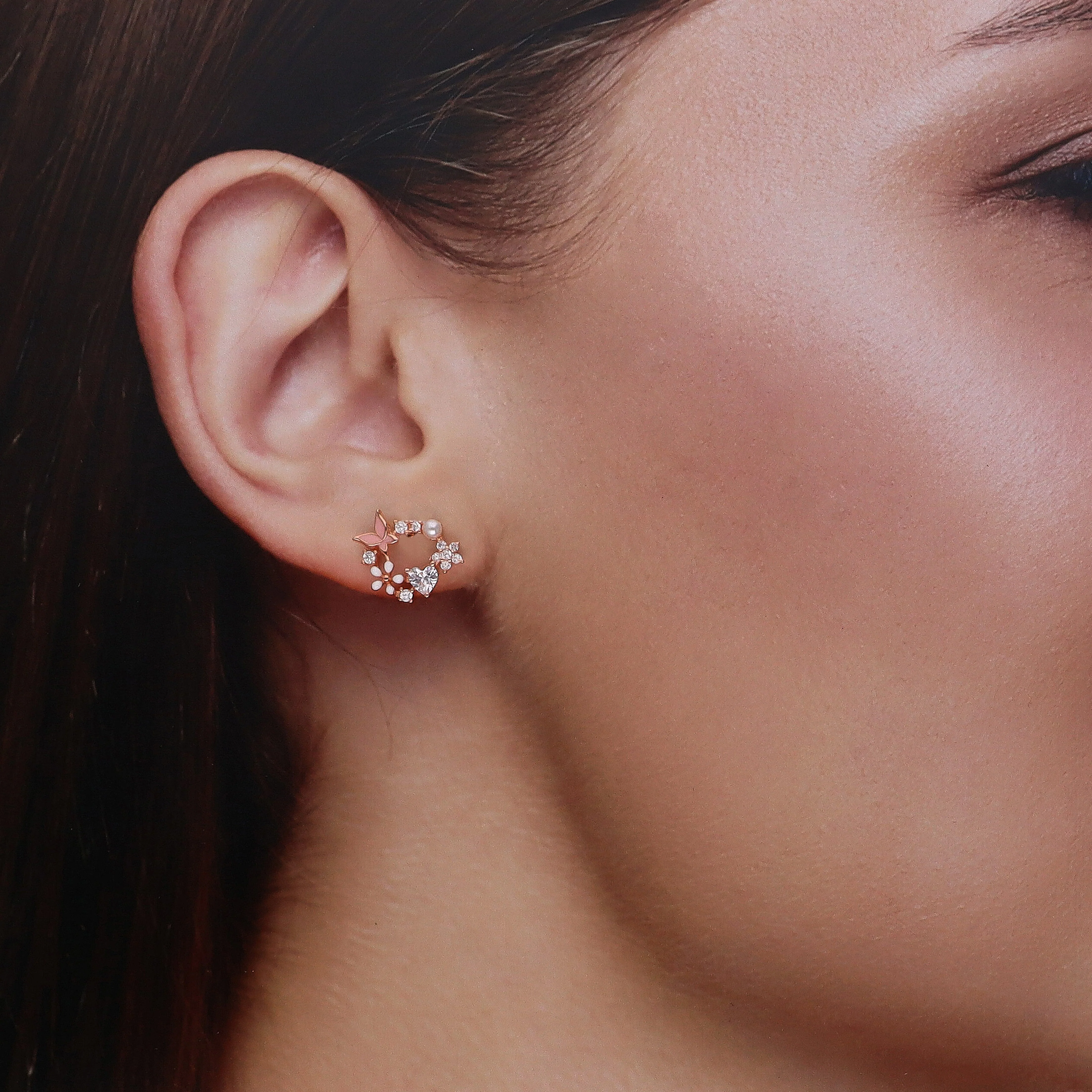 Sterling Silver Butterfly & Floral Wreath Stud Earrings - Image 5