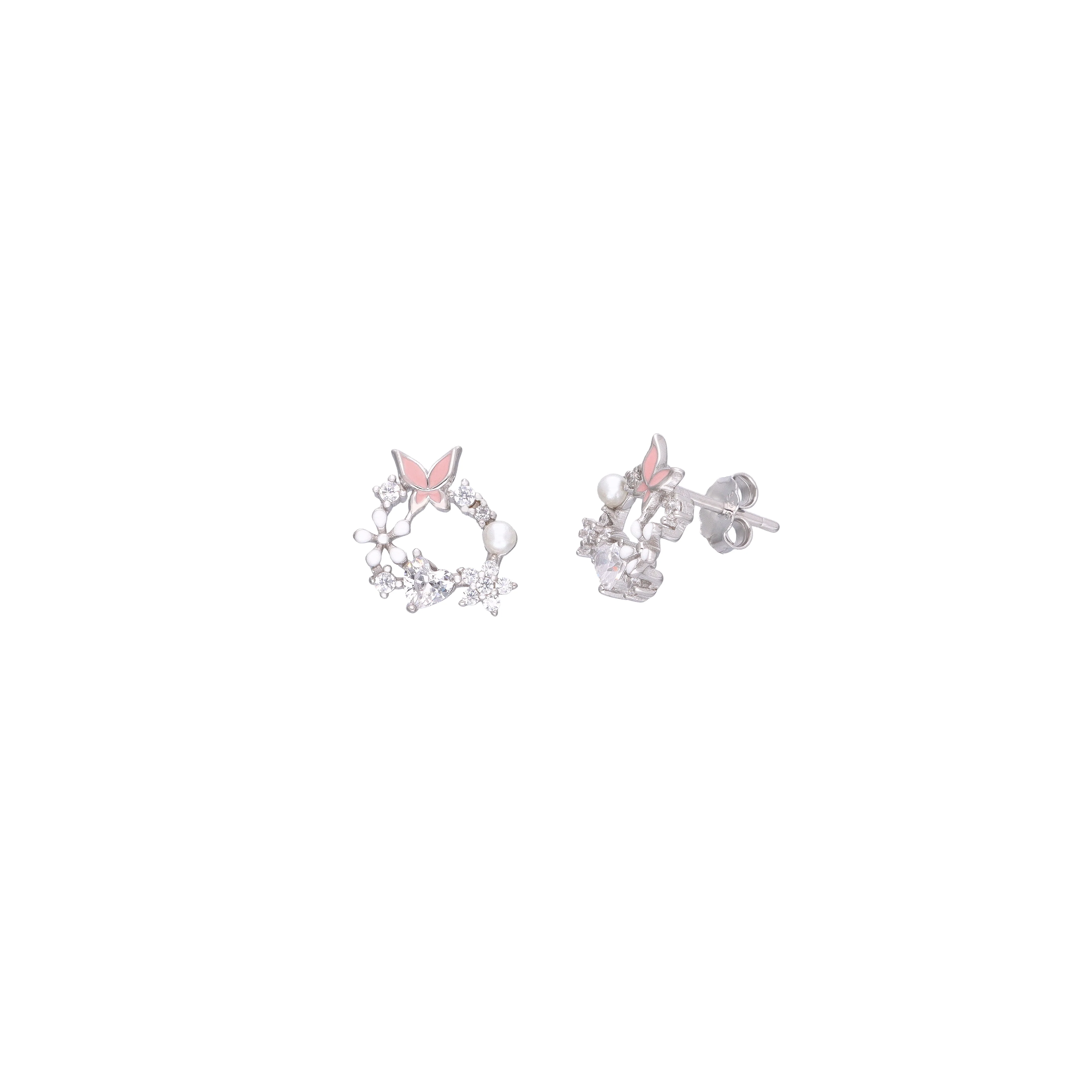 Sterling Silver Butterfly & Floral Wreath Stud Earrings - Image 7