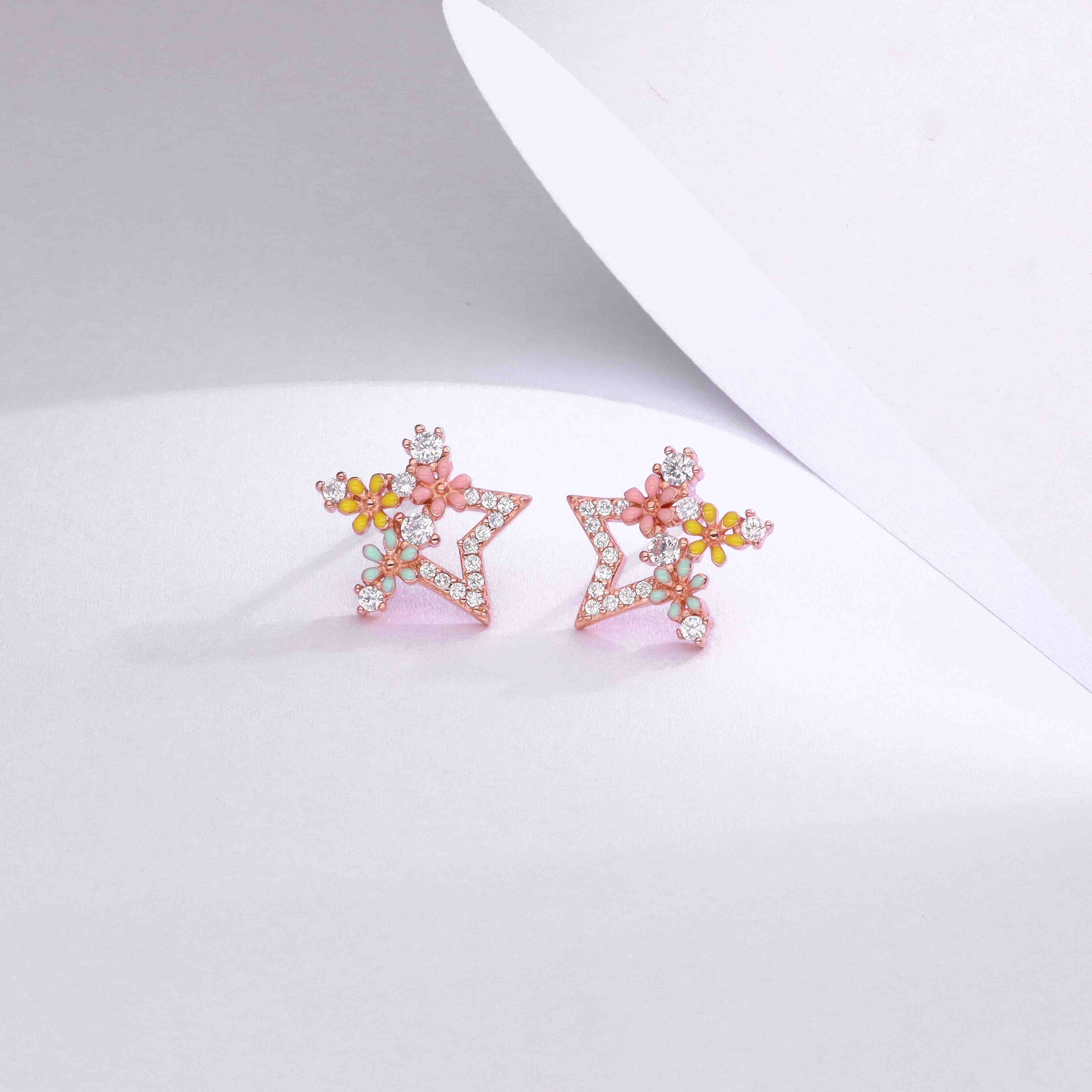 Silver Star Stud Earrings with Enamel Flowers - Image 2