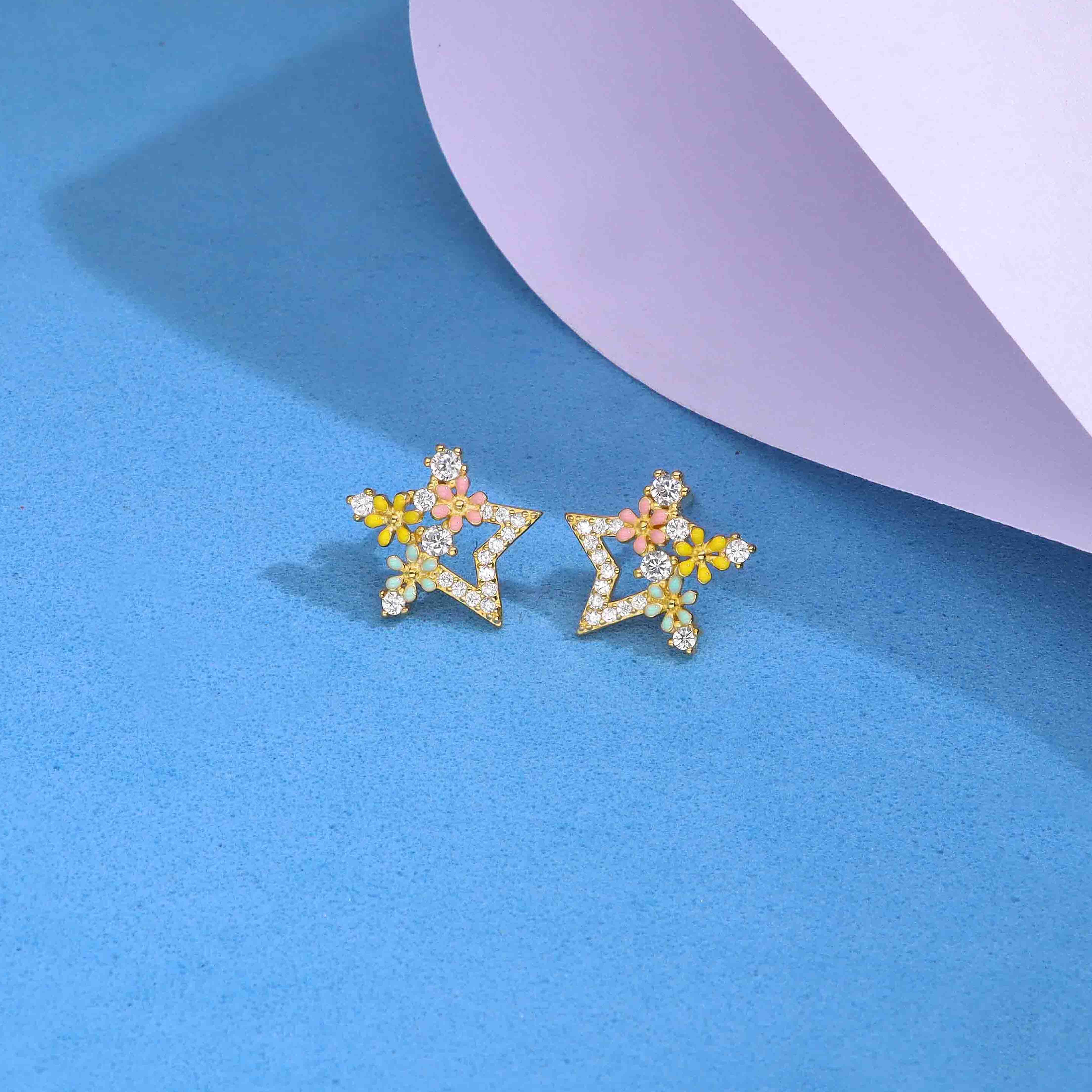 Silver Star Stud Earrings with Enamel Flowers - Image 3