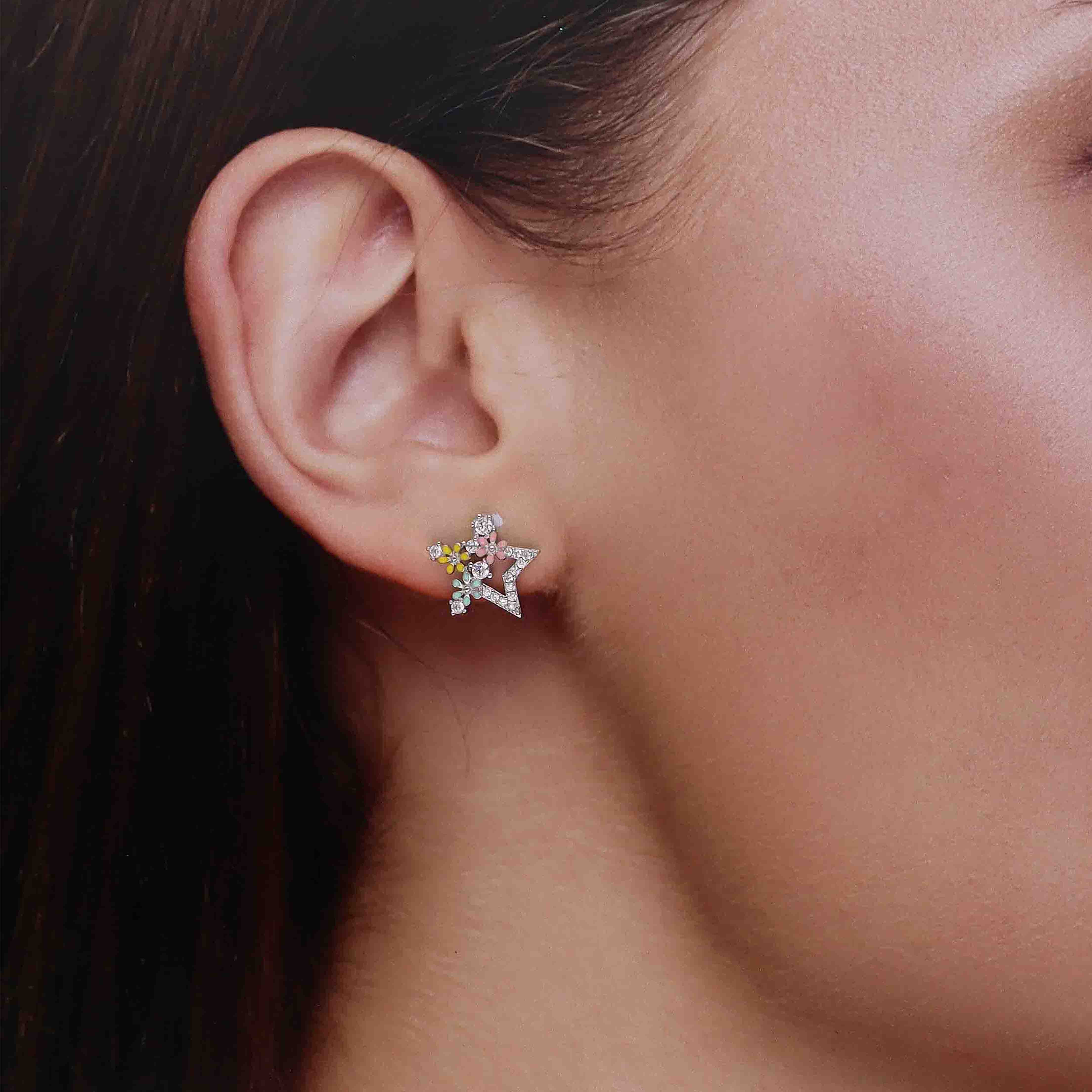 Silver Star Stud Earrings with Enamel Flowers - Image 4