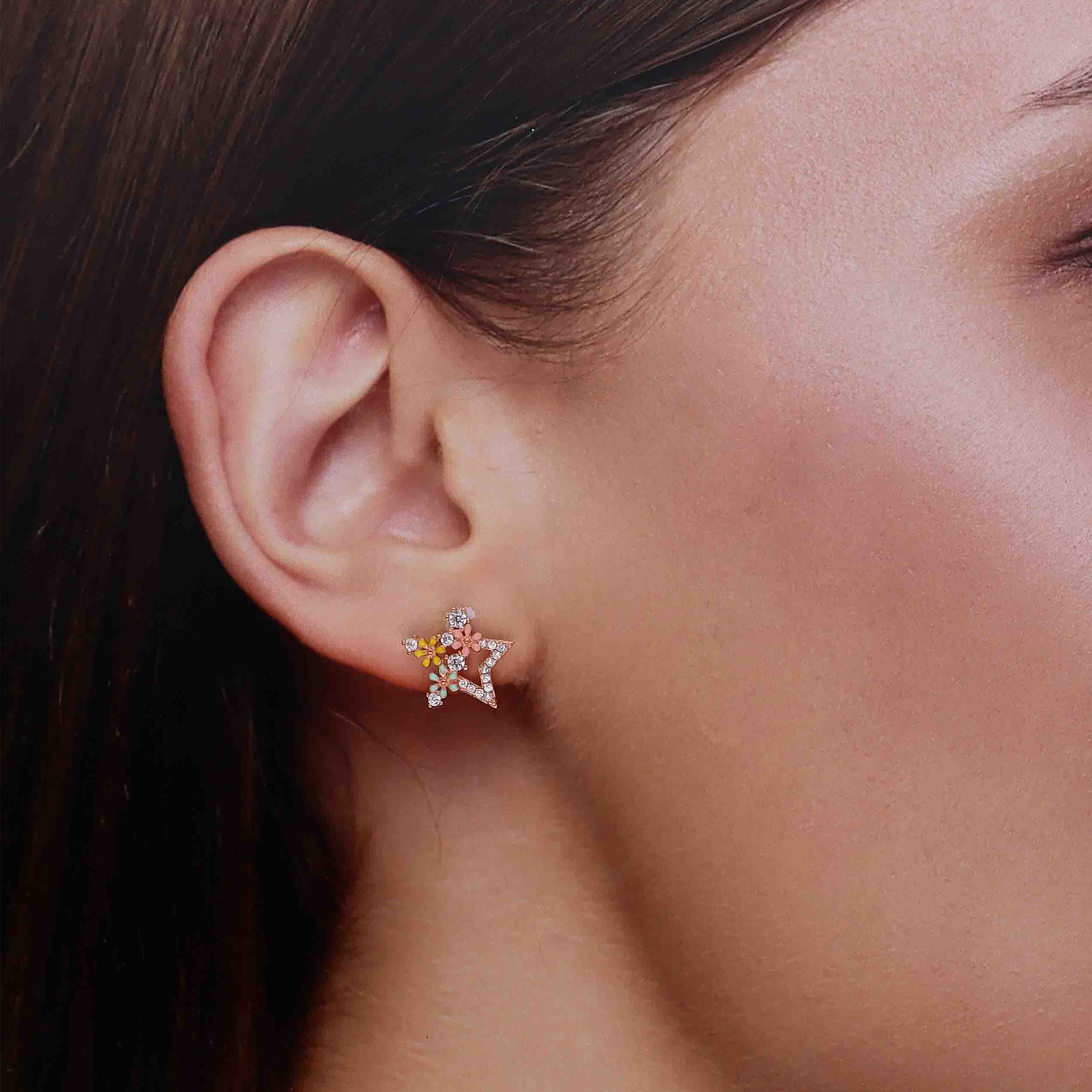 Silver Star Stud Earrings with Enamel Flowers - Image 5