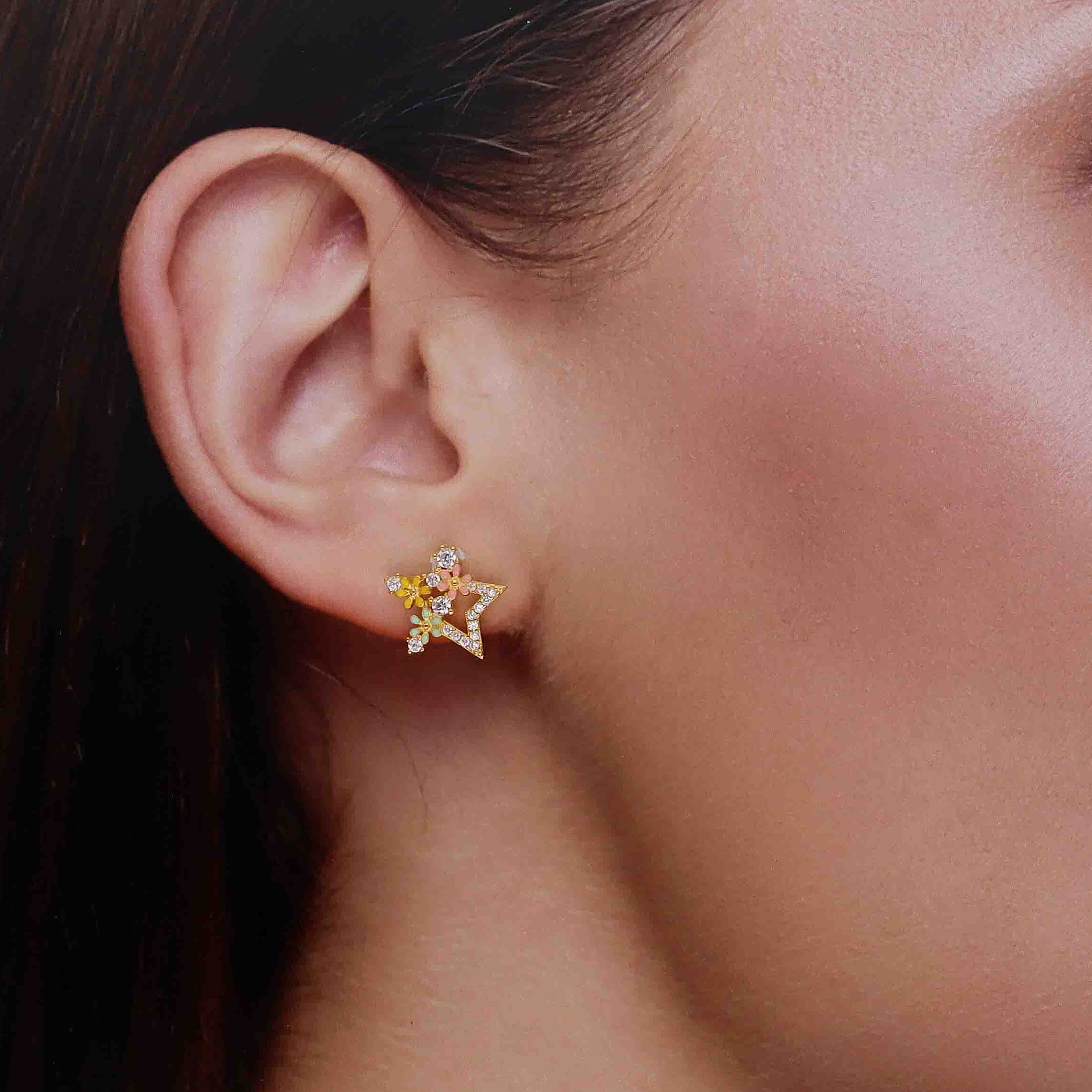 Silver Star Stud Earrings with Enamel Flowers - Image 6