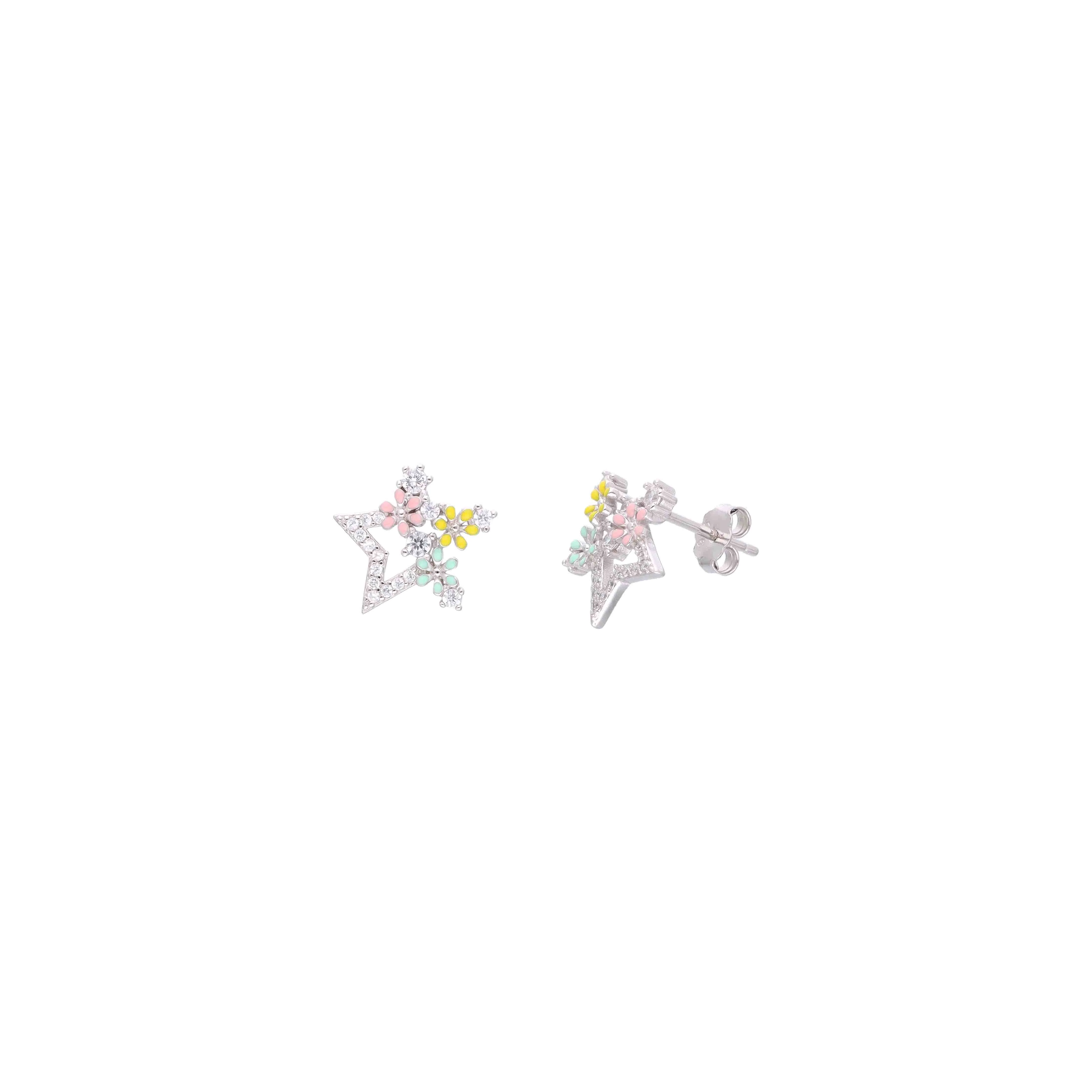 Silver Star Stud Earrings with Enamel Flowers - Image 7