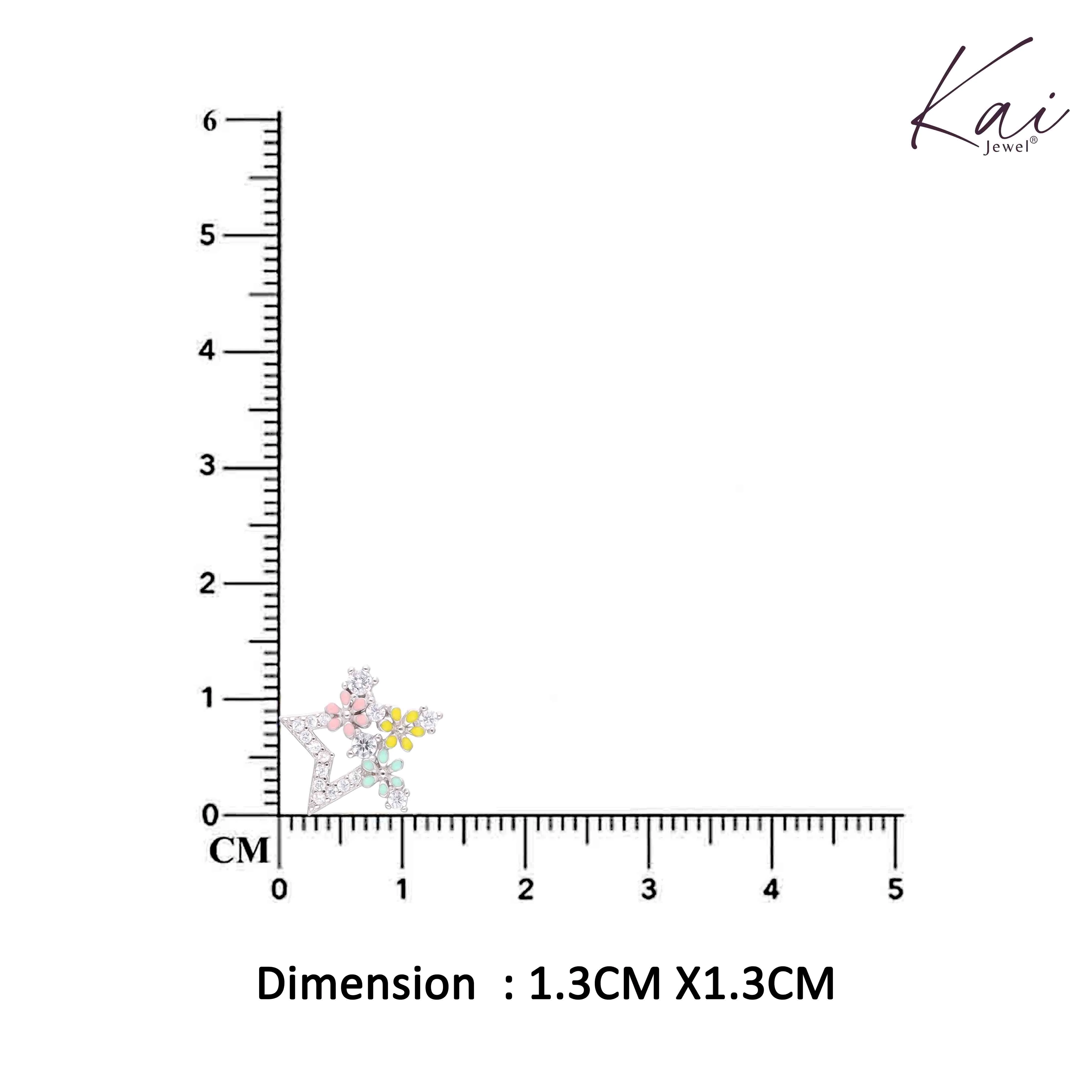 Silver Star Stud Earrings with Enamel Flowers - Image 8