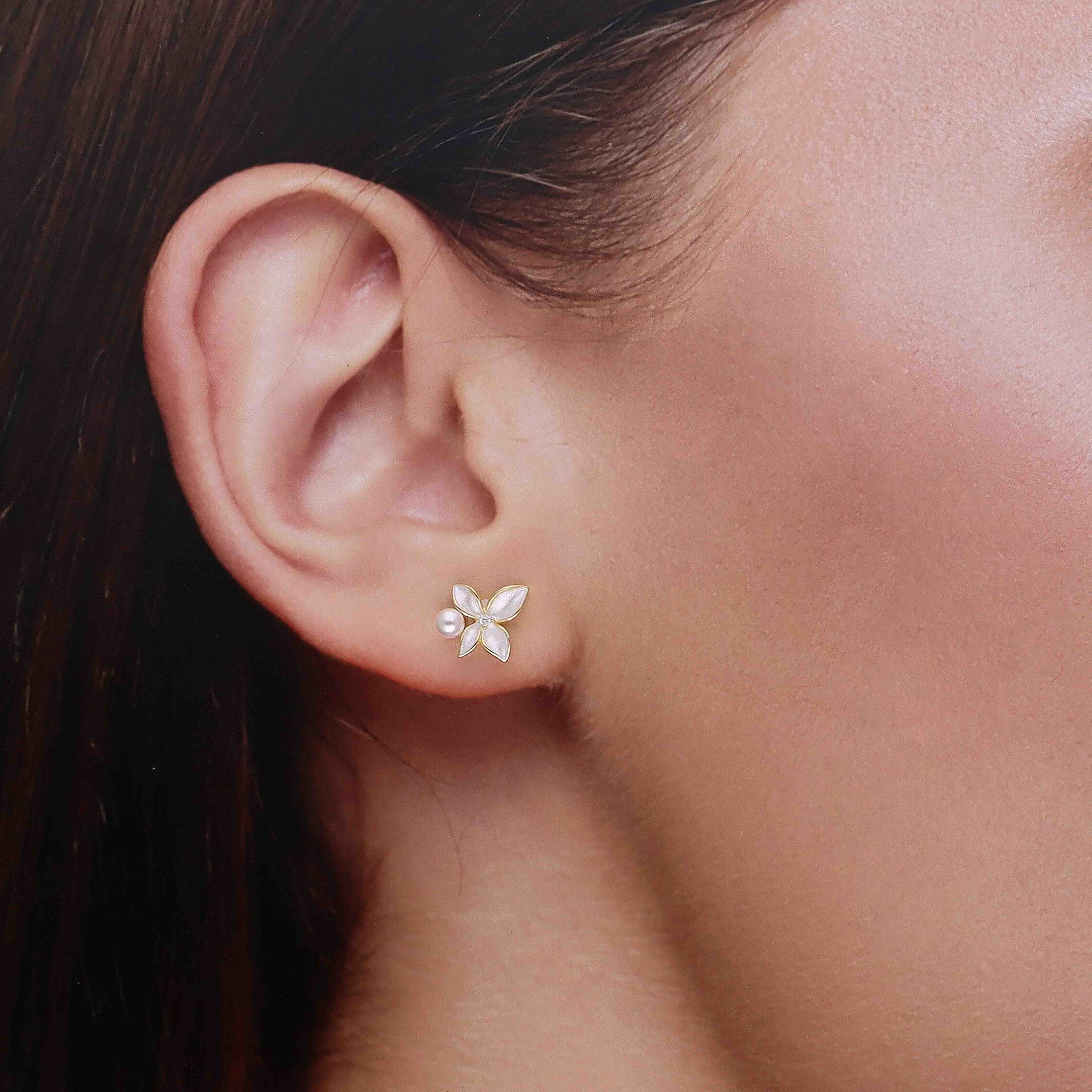 Classic Silver Flower Pearl Stud Earrings - Image 4