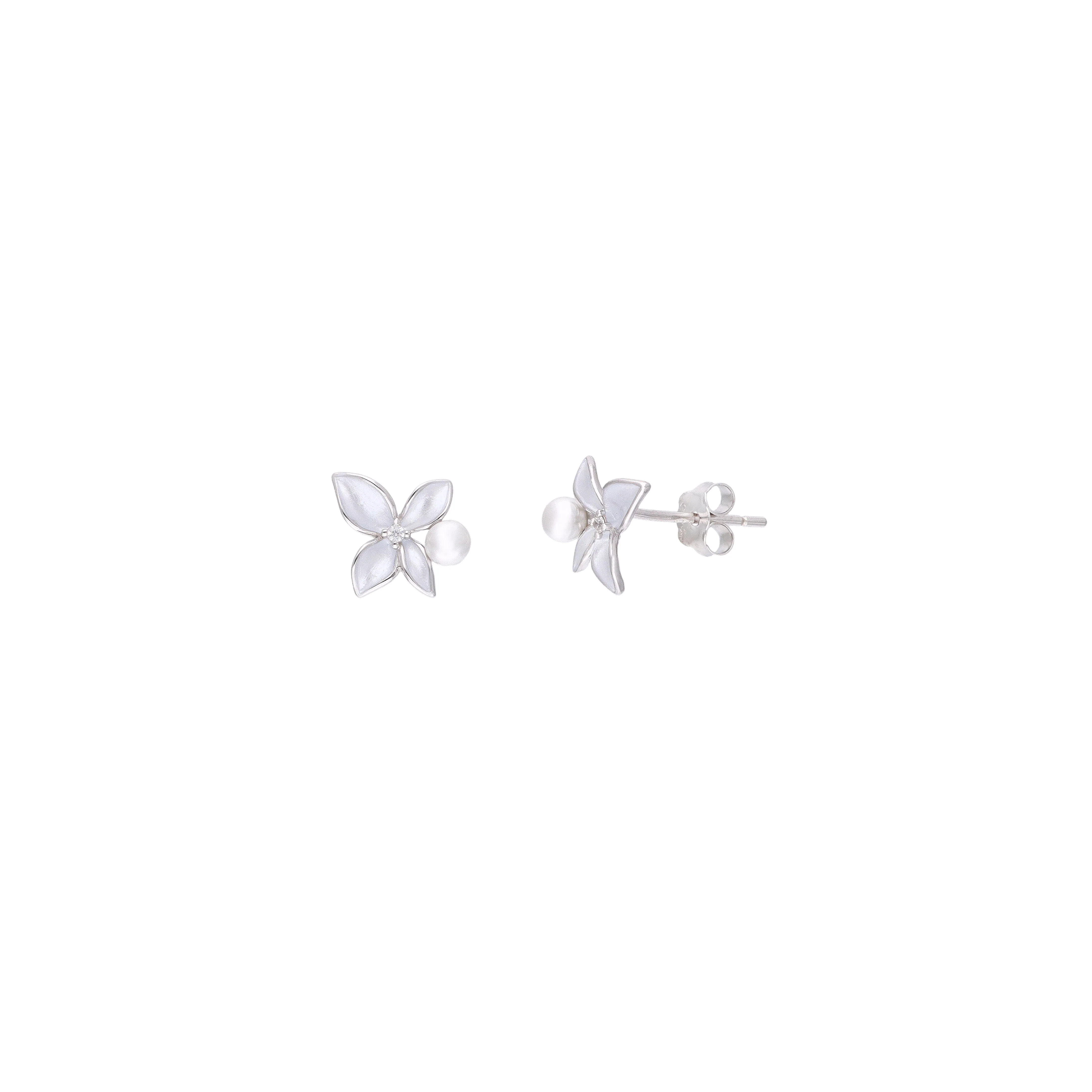 Classic Silver Flower Pearl Stud Earrings - Image 5