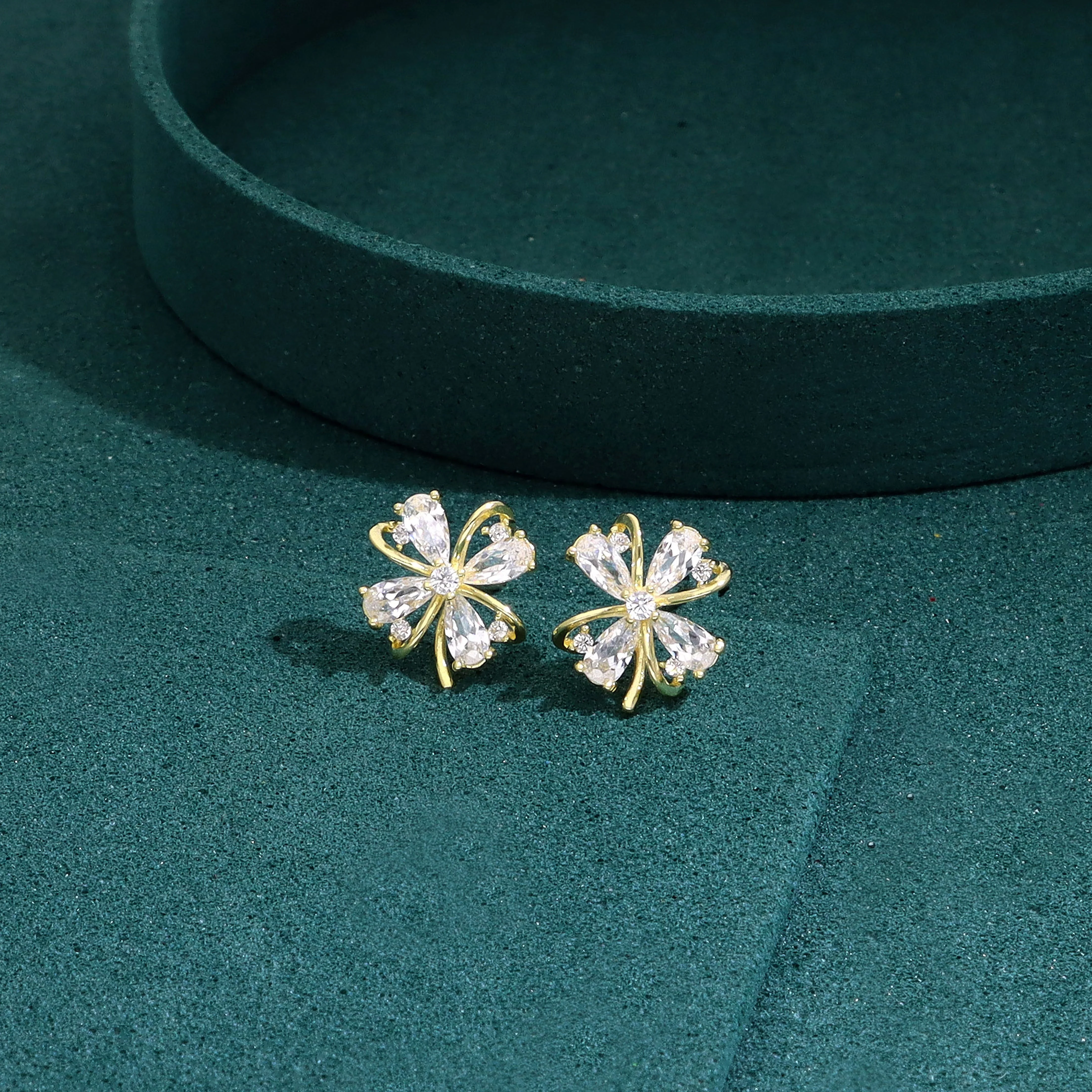 Dainty Silver Crystal Flower Stud Earrings - Image 2