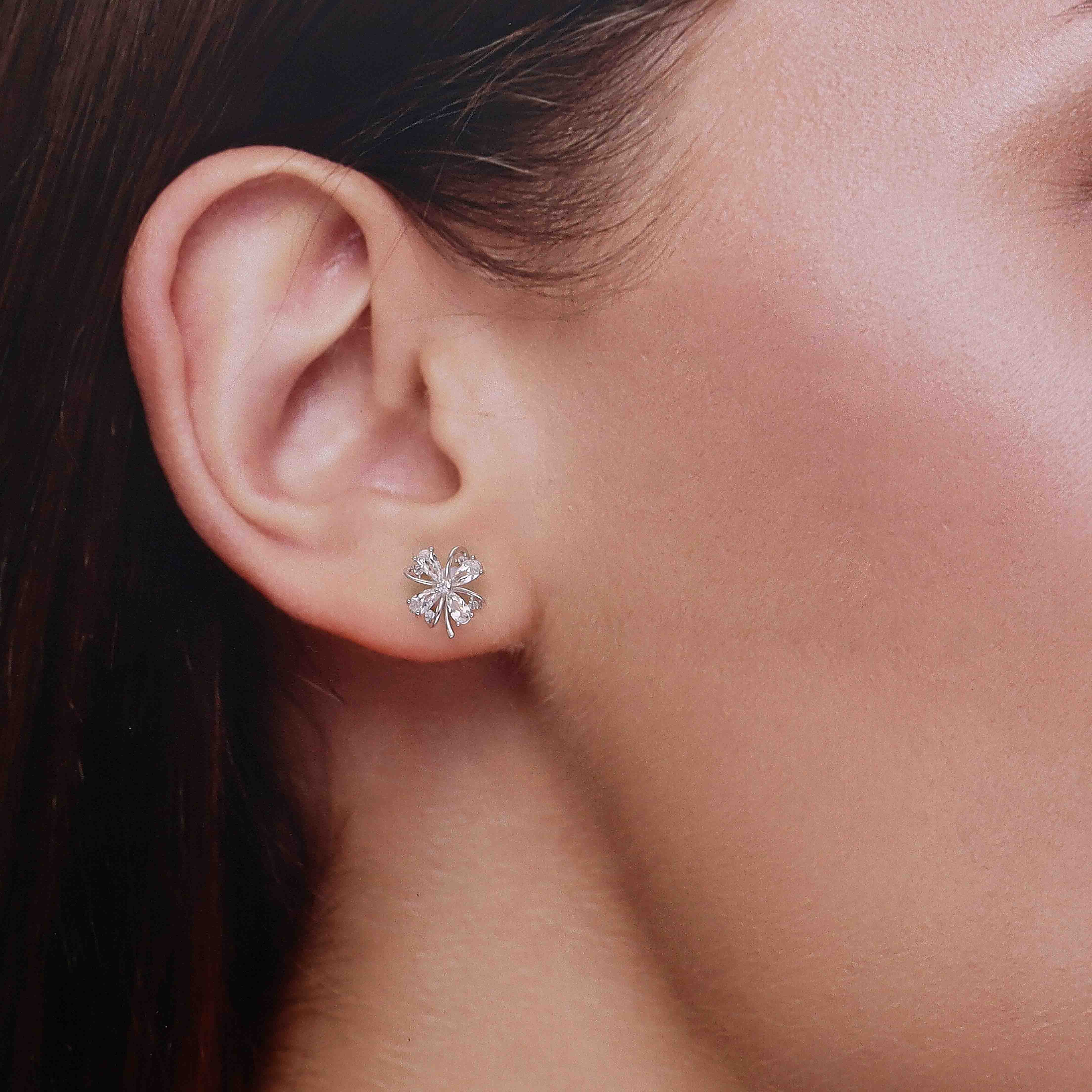 Dainty Silver Crystal Flower Stud Earrings - Image 3