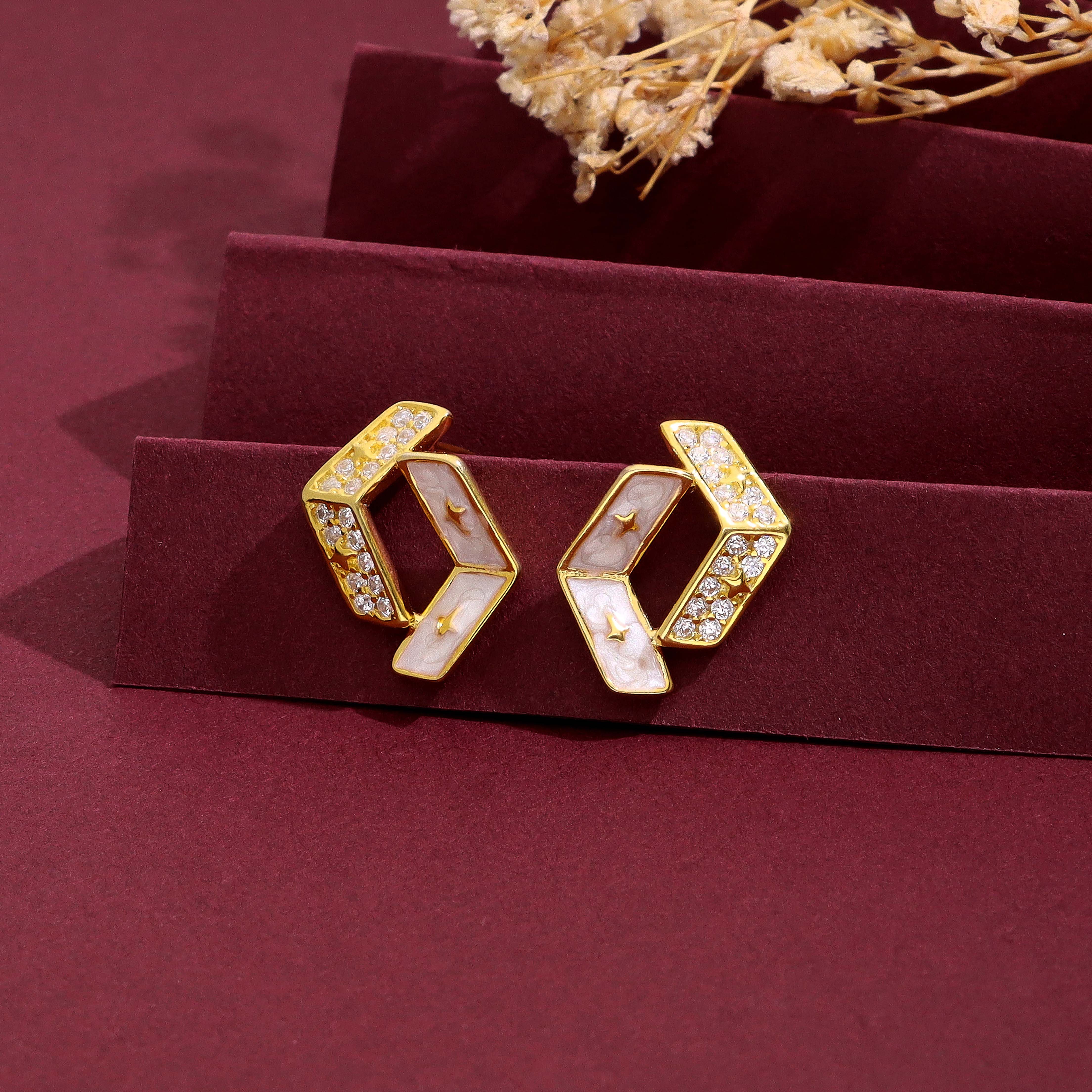 Rose Gold Crystal-Studded Geometric Stud Earrings - Image 2