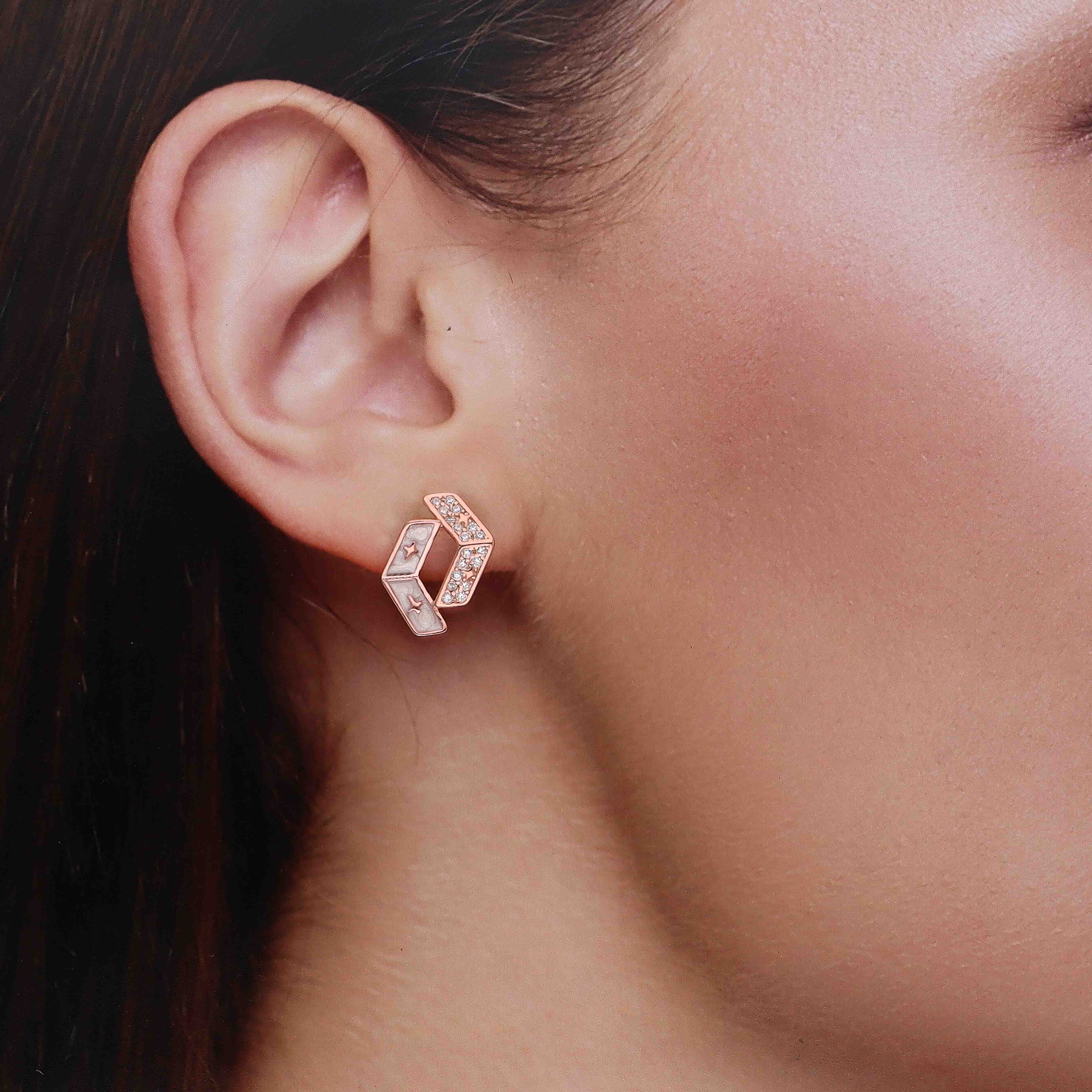 Rose Gold Crystal-Studded Geometric Stud Earrings - Image 3