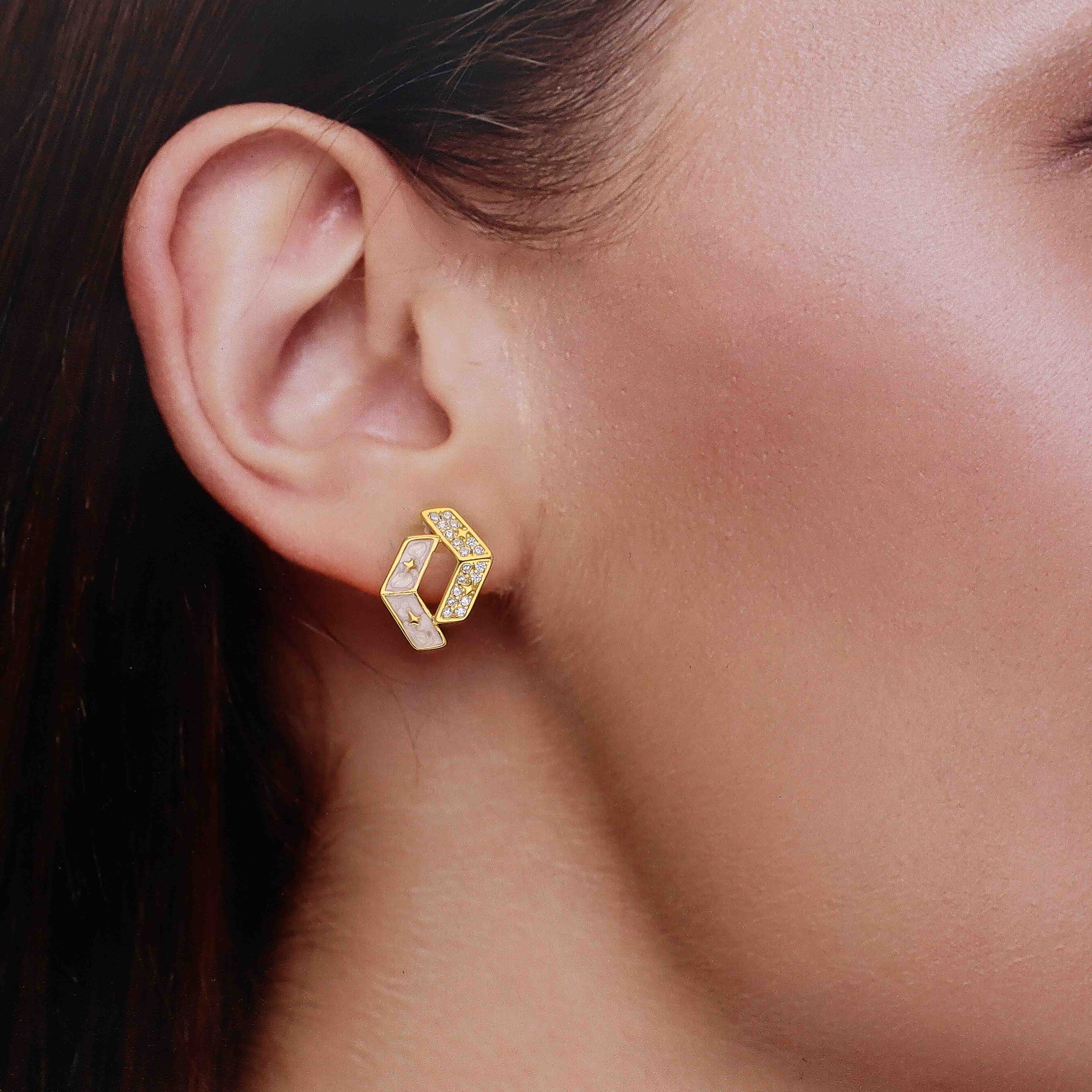 Rose Gold Crystal-Studded Geometric Stud Earrings - Image 4