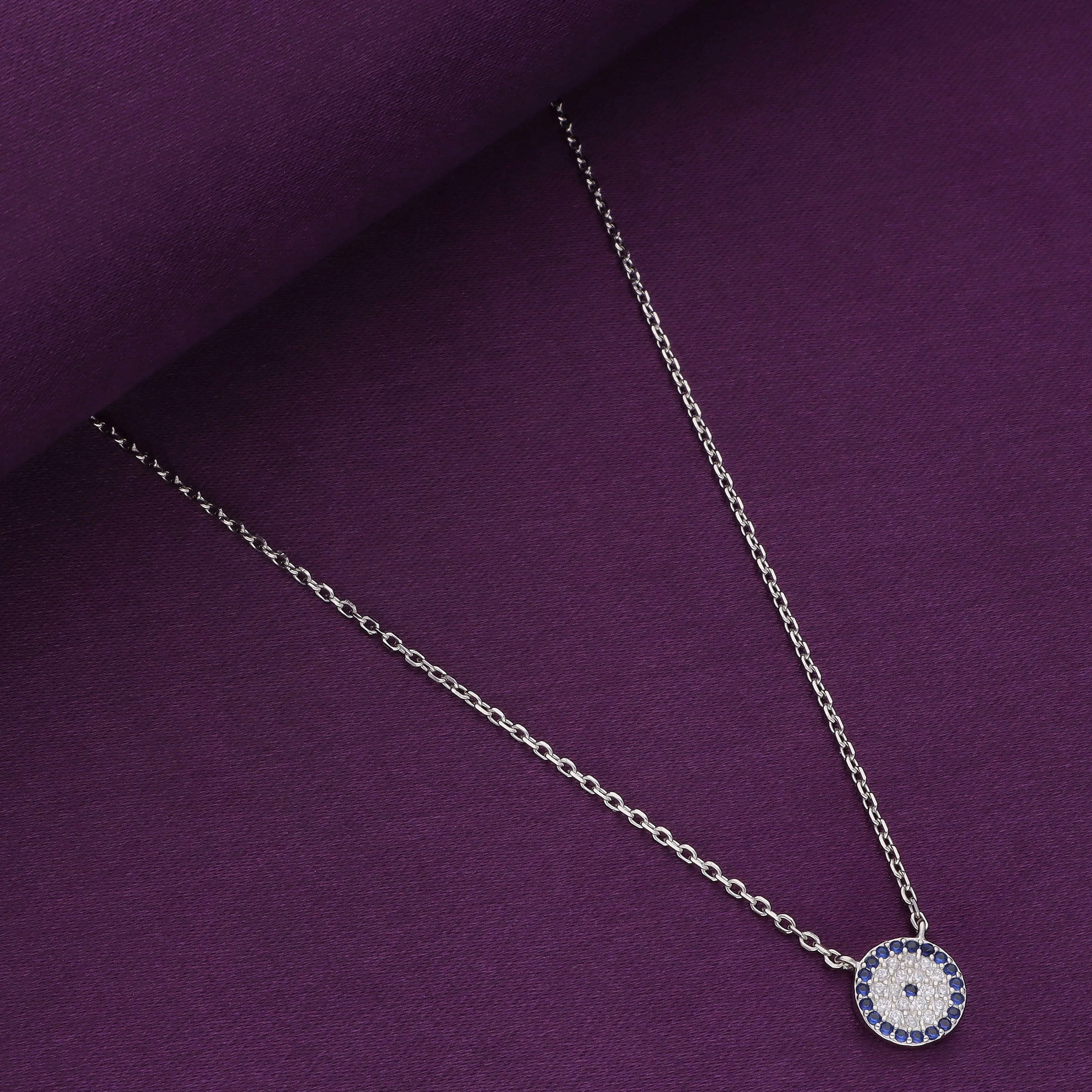Round Zircon Studded Evil Eye Silver Chain Necklace - Image 2