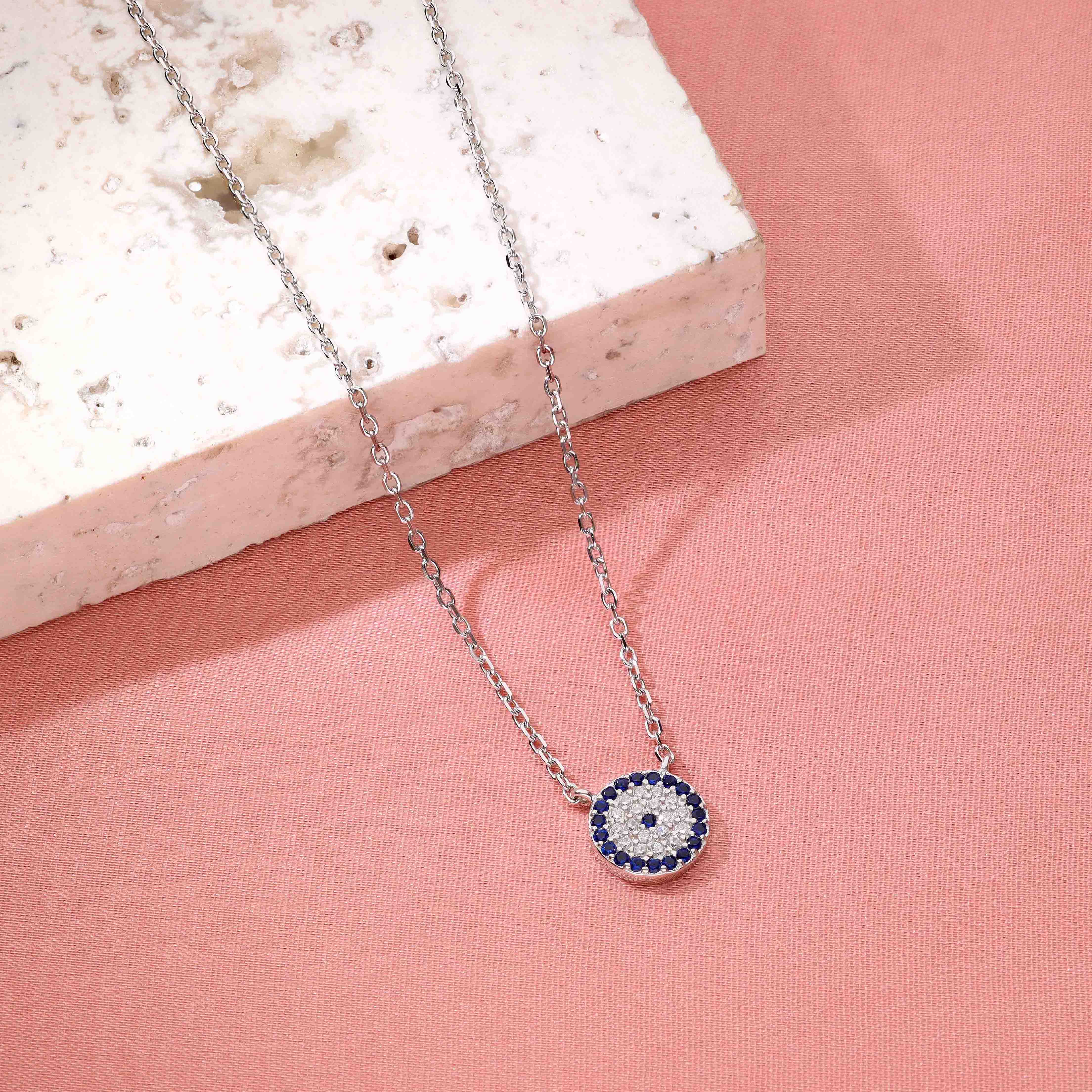 Round Zircon Studded Evil Eye Silver Chain Necklace - Image 5
