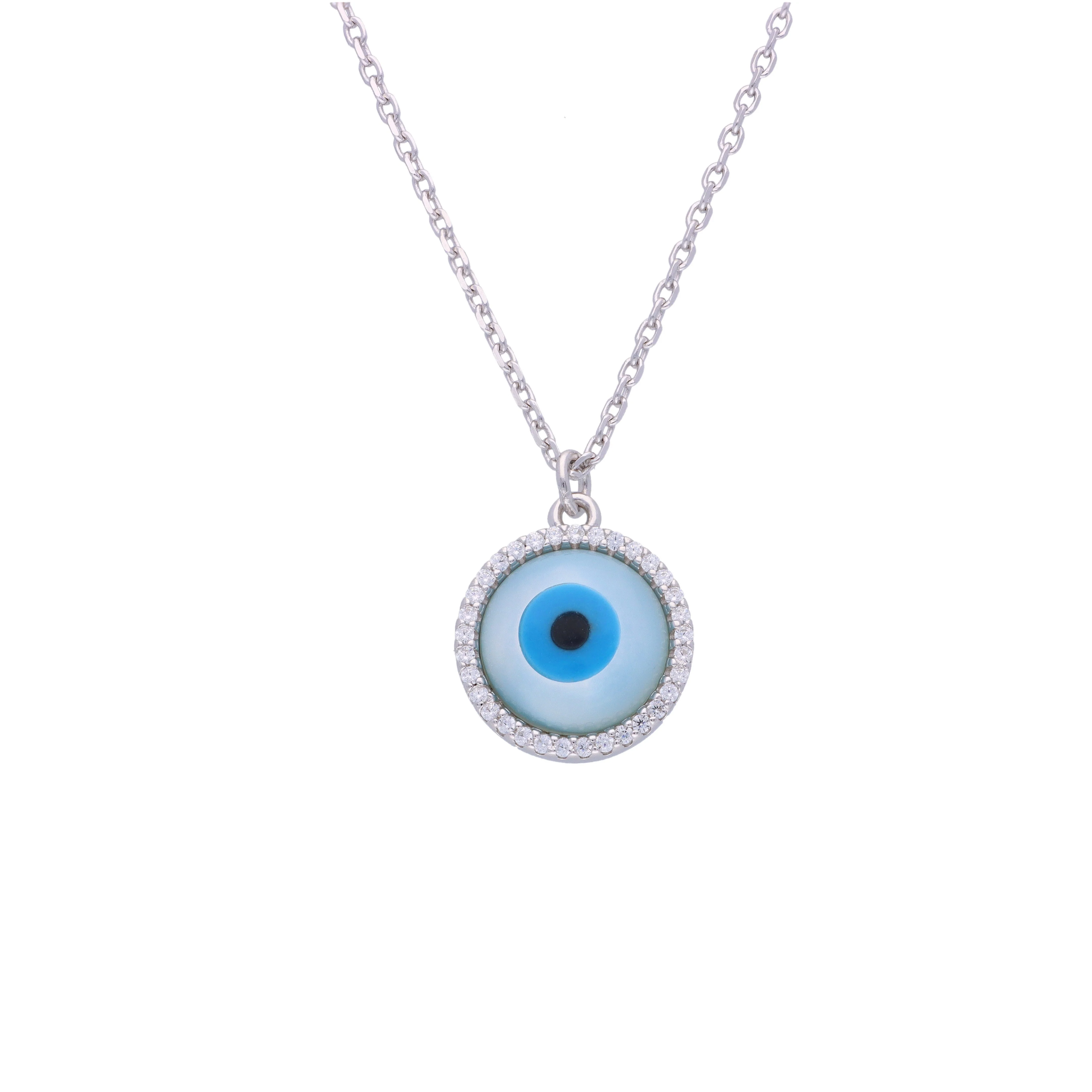 Circular Diamond Studded Ring Evil Eye Silver Chain Necklace - Image 3