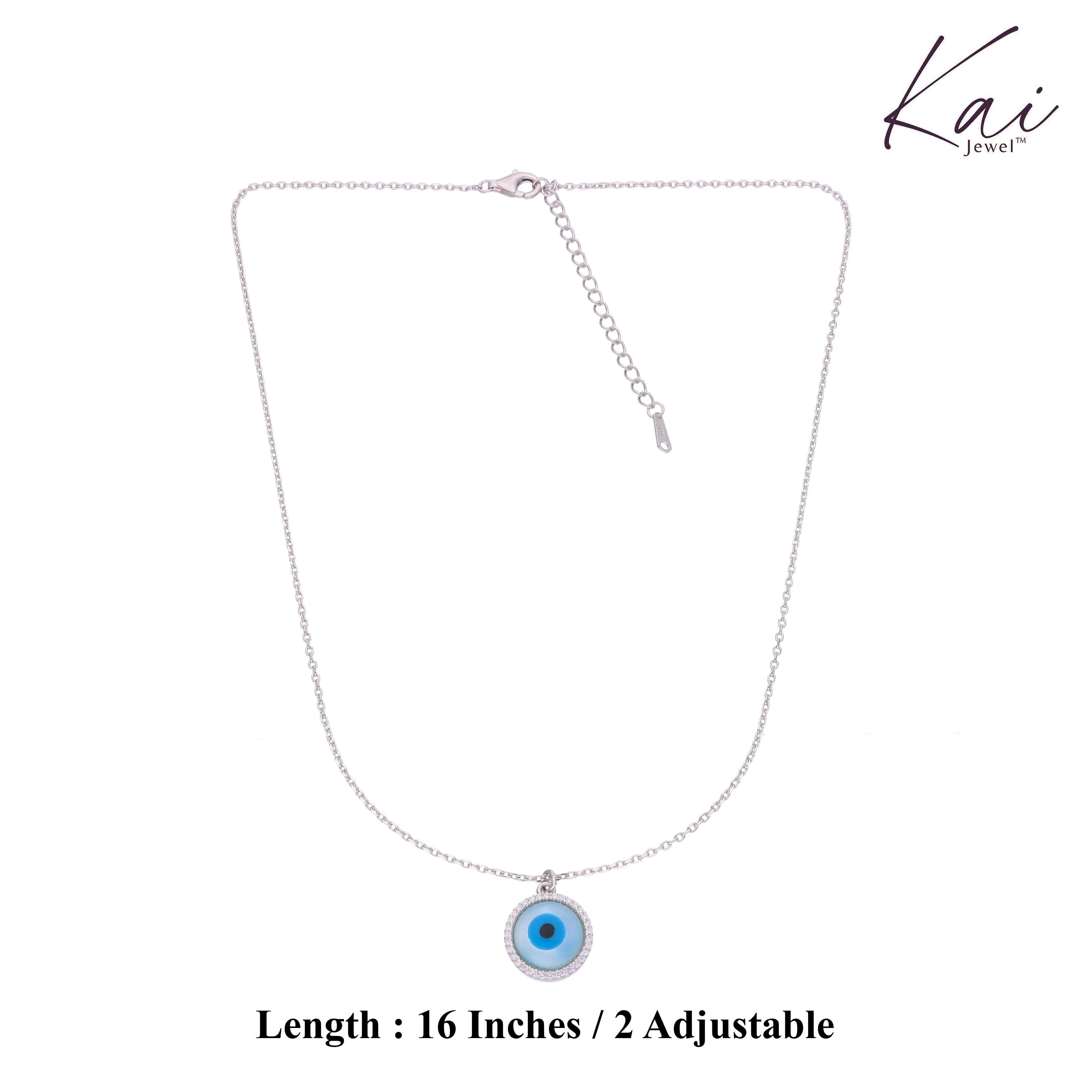 Circular Diamond Studded Ring Evil Eye Silver Chain Necklace - Image 4