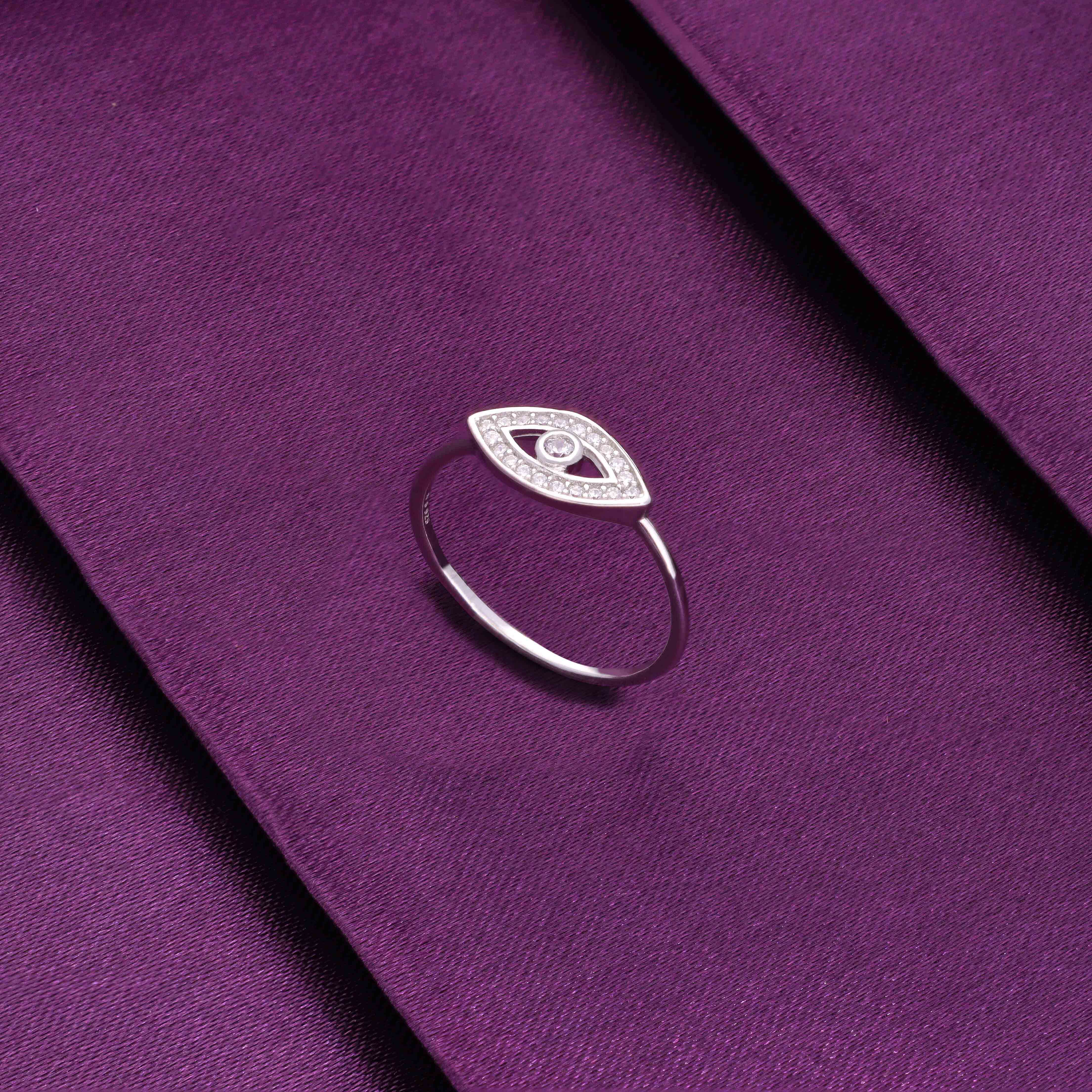Single Evil Eye Diamond Studded Silver Ring - Image 3