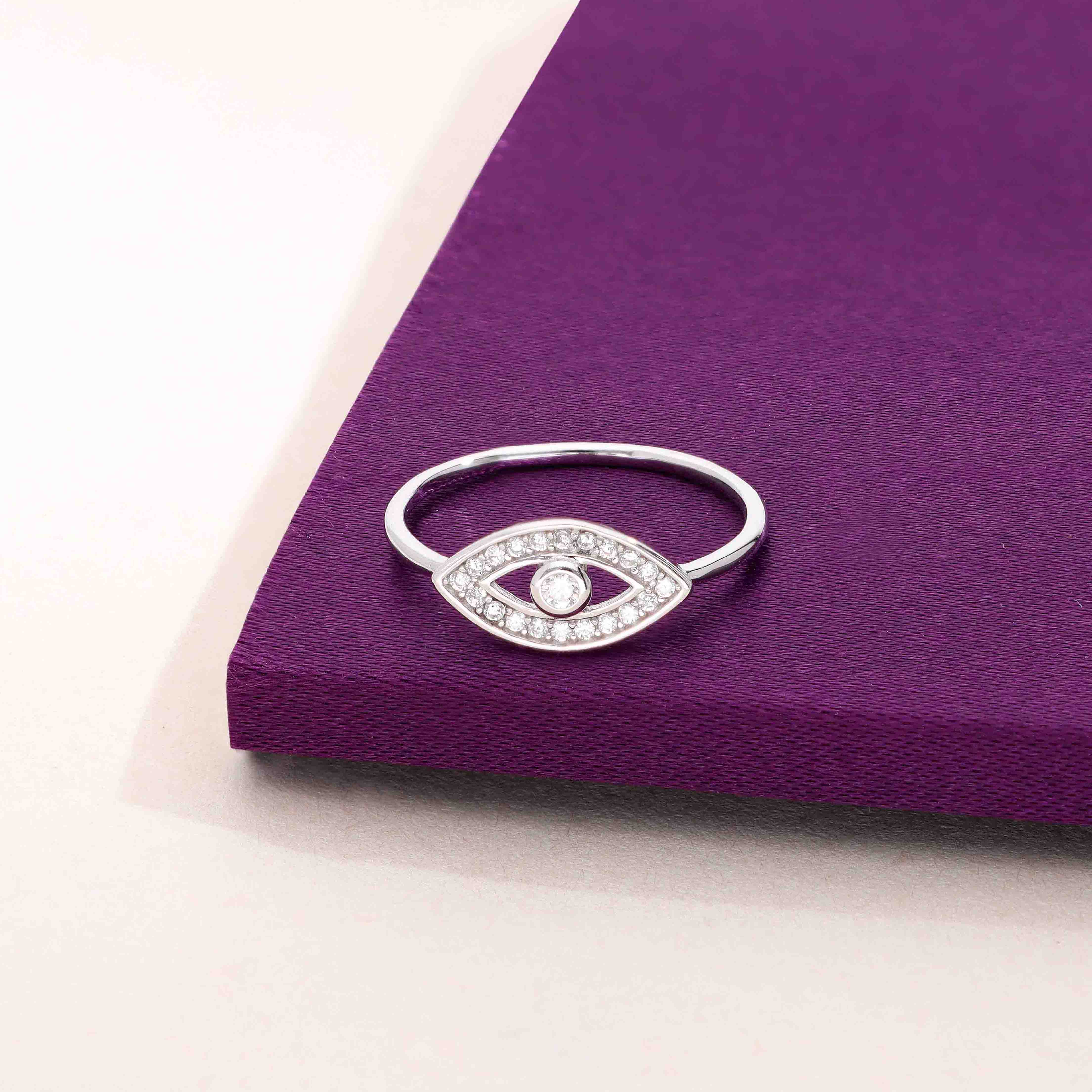 Single Evil Eye Diamond Studded Silver Ring - Image 5