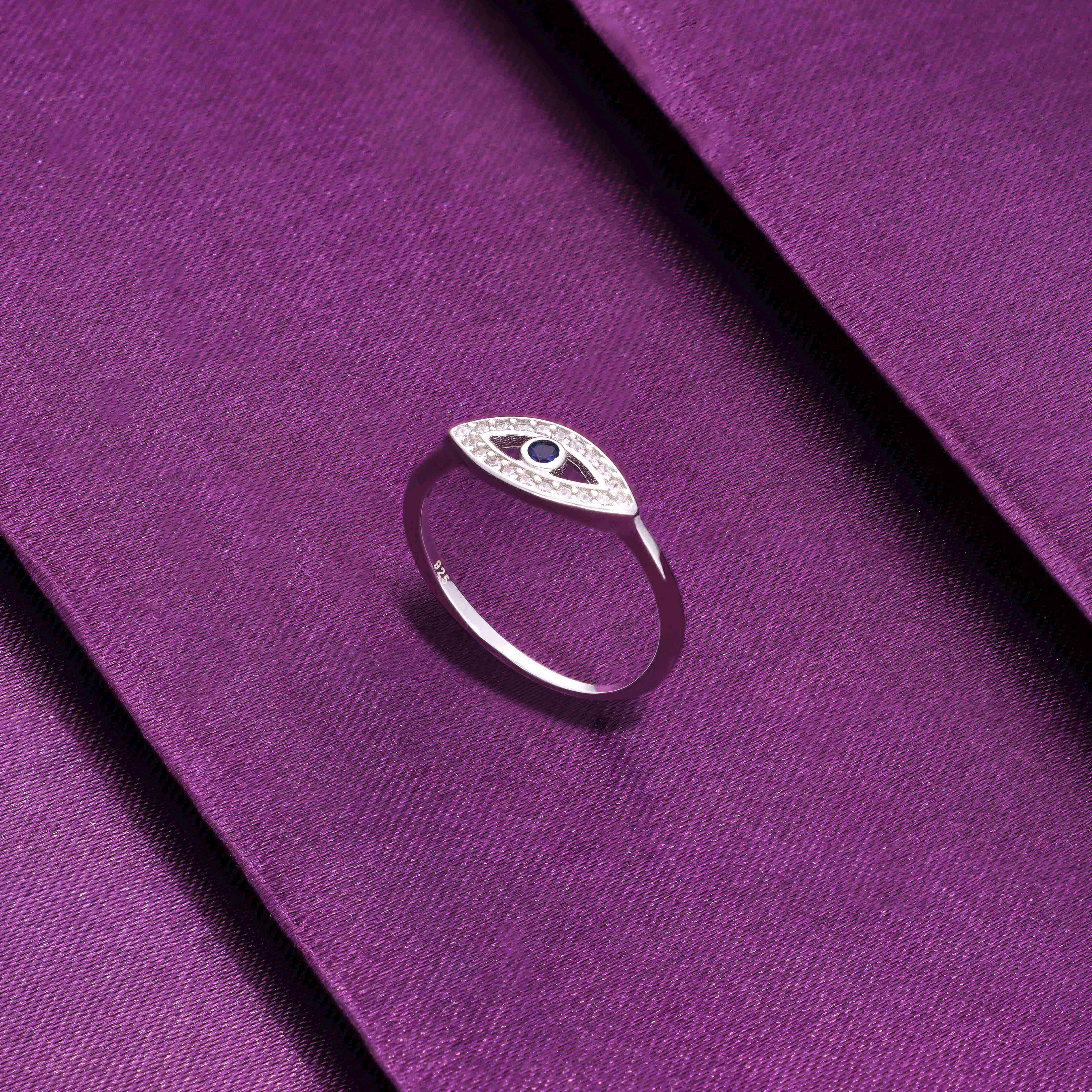 Single Evil Eye Blue and White Diamond Silver Ring - Image 3