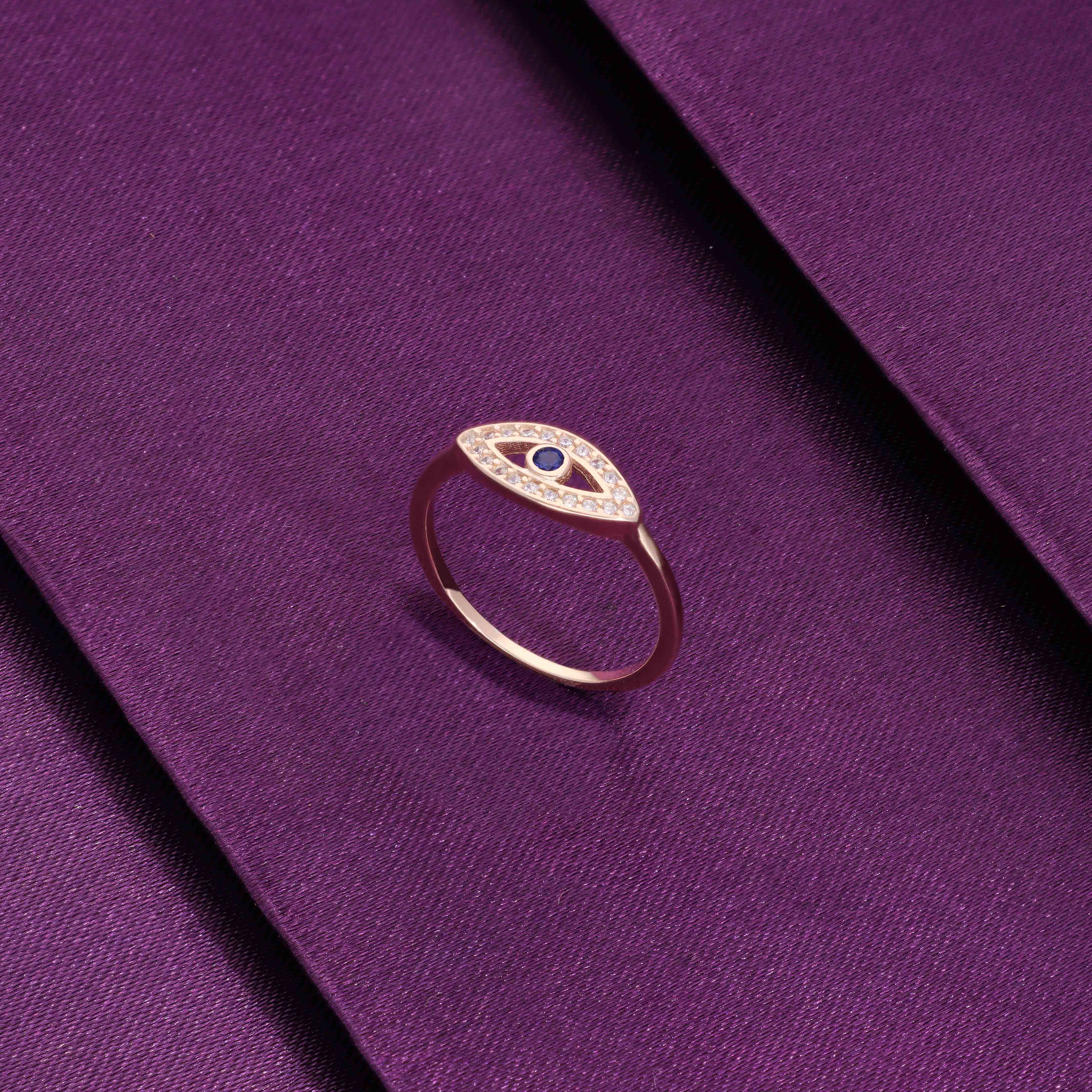 Single Evil Eye Blue and White Diamond Silver Ring - Image 4