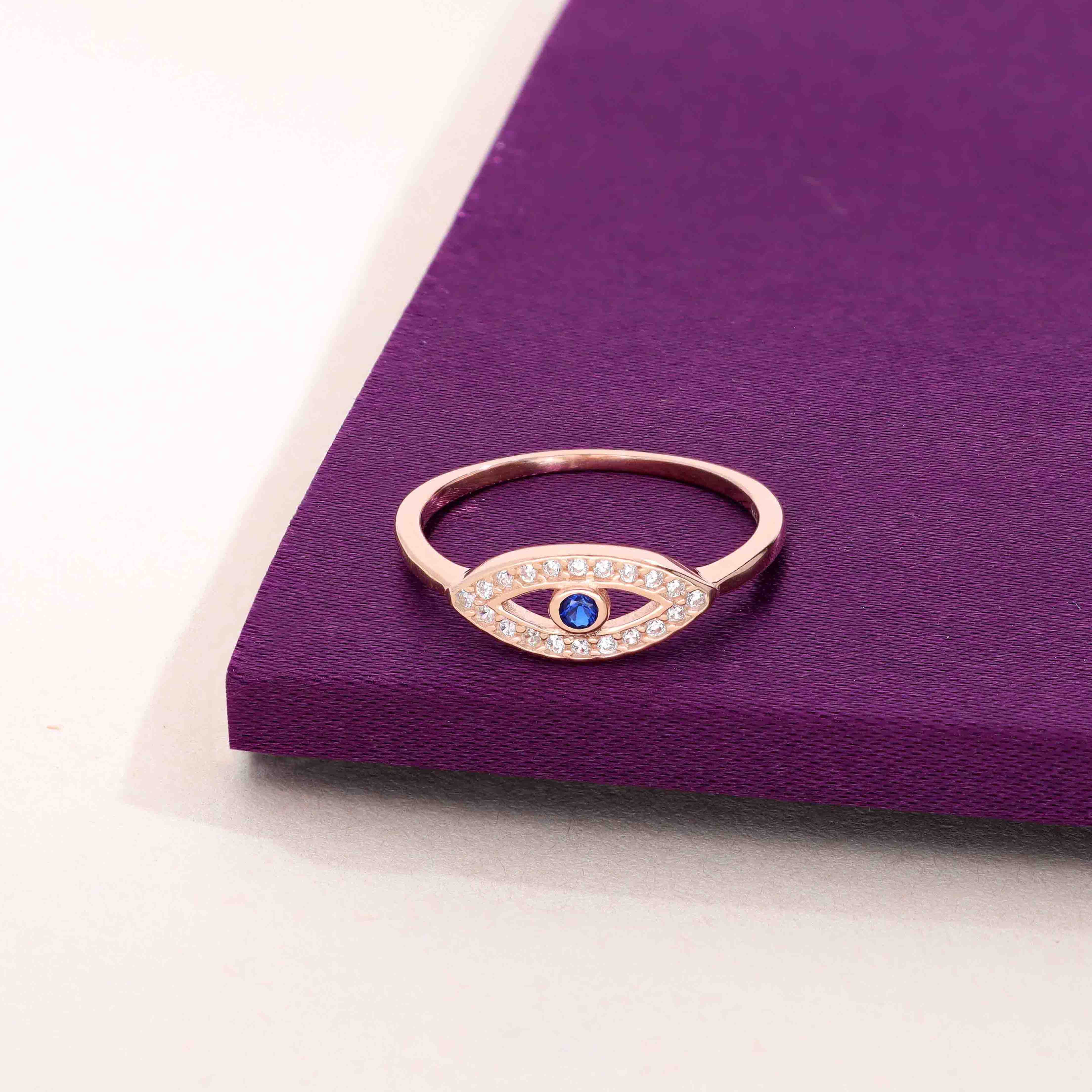 Single Evil Eye Blue and White Diamond Silver Ring - Image 5