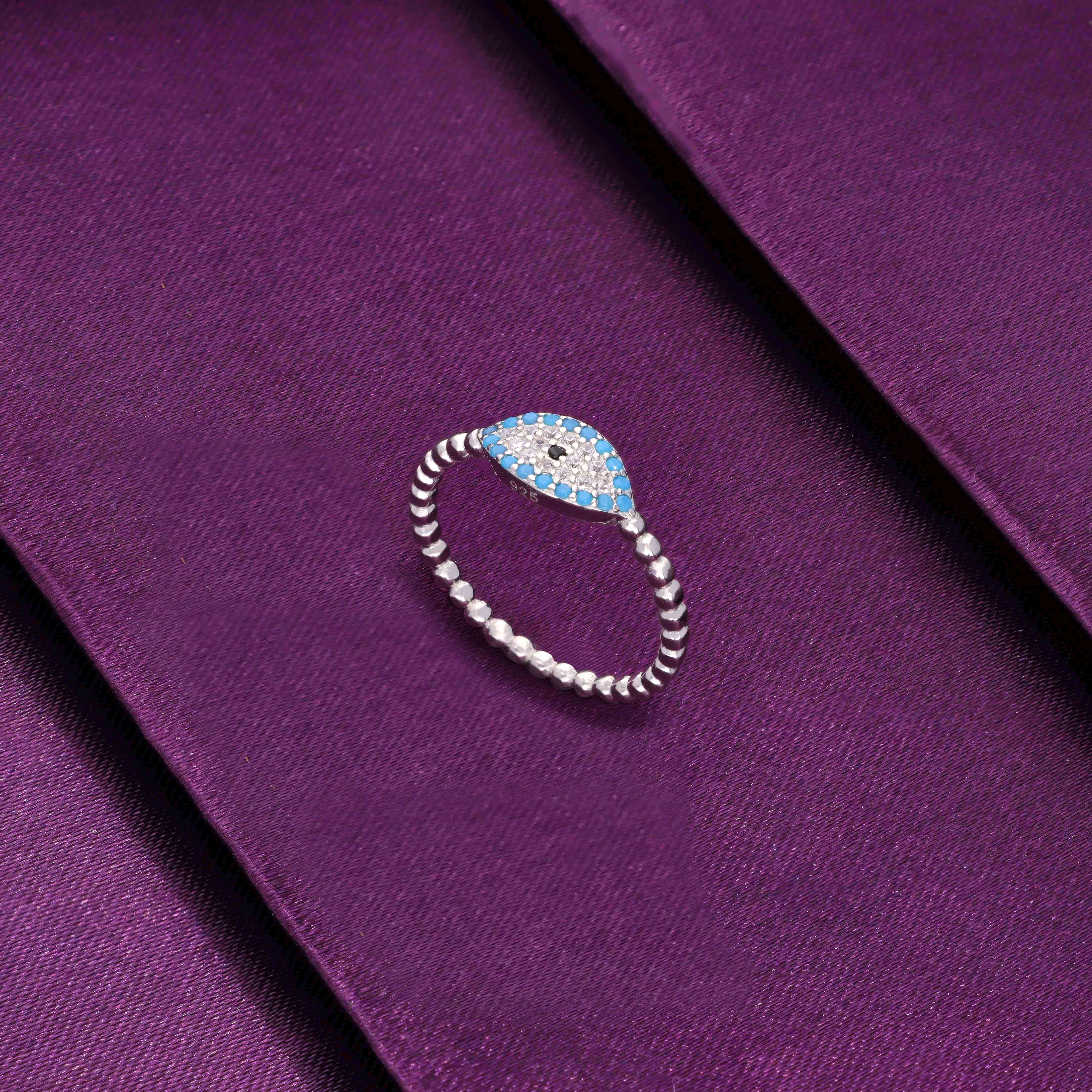 Single Evil Eye Diamond Studded Blue & White Silver Ring - Image 3