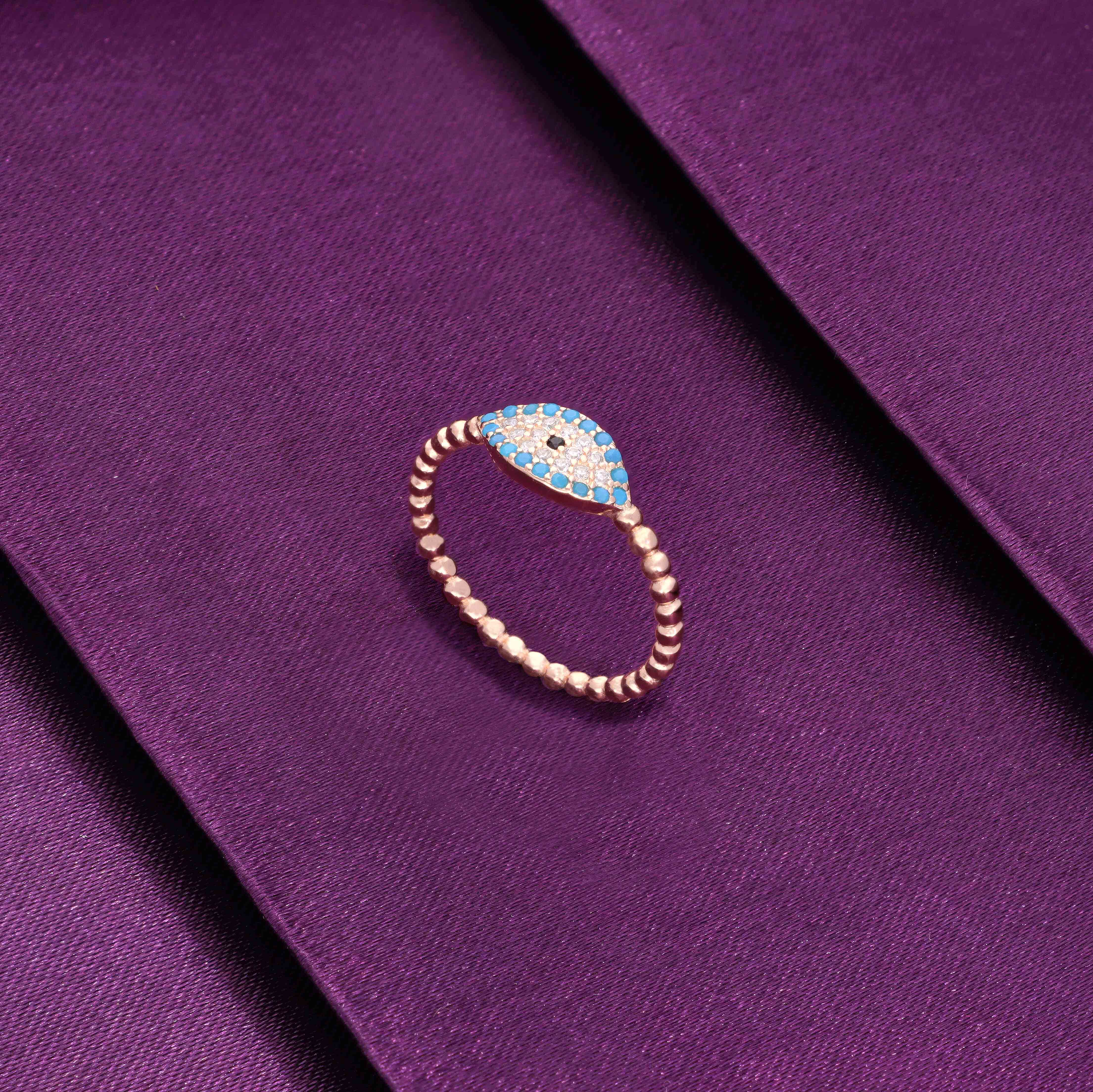 Single Evil Eye Diamond Studded Blue & White Silver Ring - Image 4