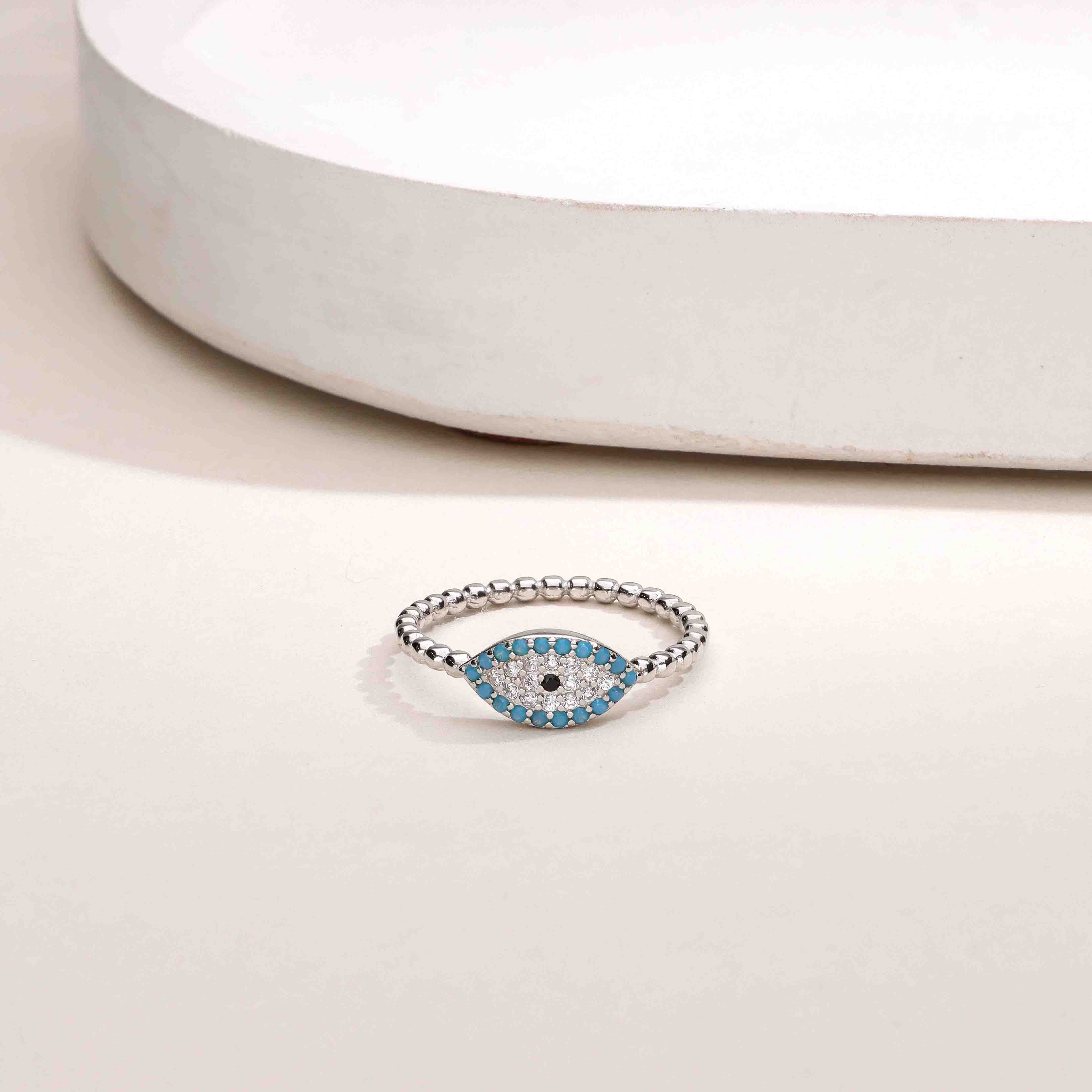 Single Evil Eye Diamond Studded Blue & White Silver Ring - Image 5