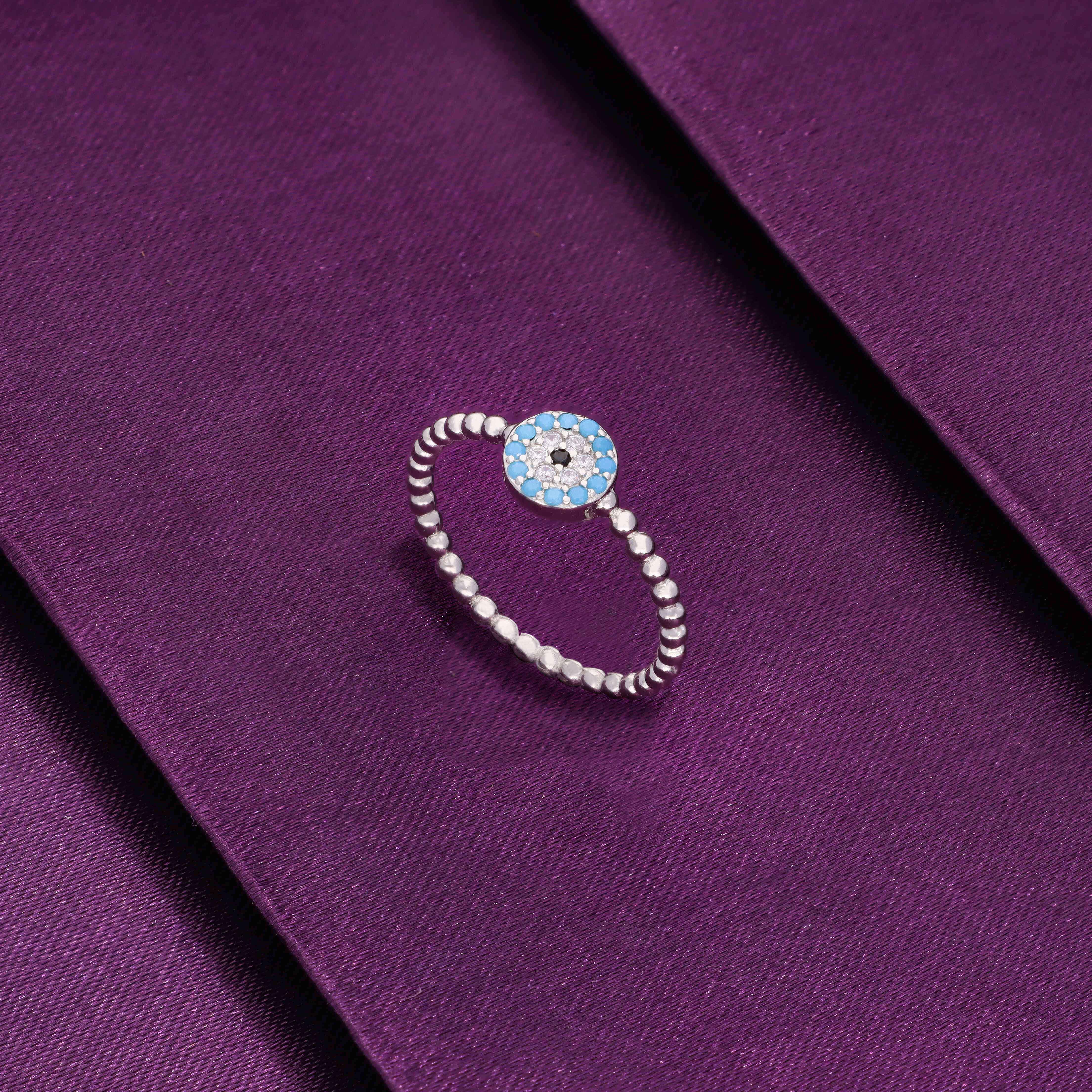 Simply Circular Evil Eye Diamond Studded Silver Ring - Image 3