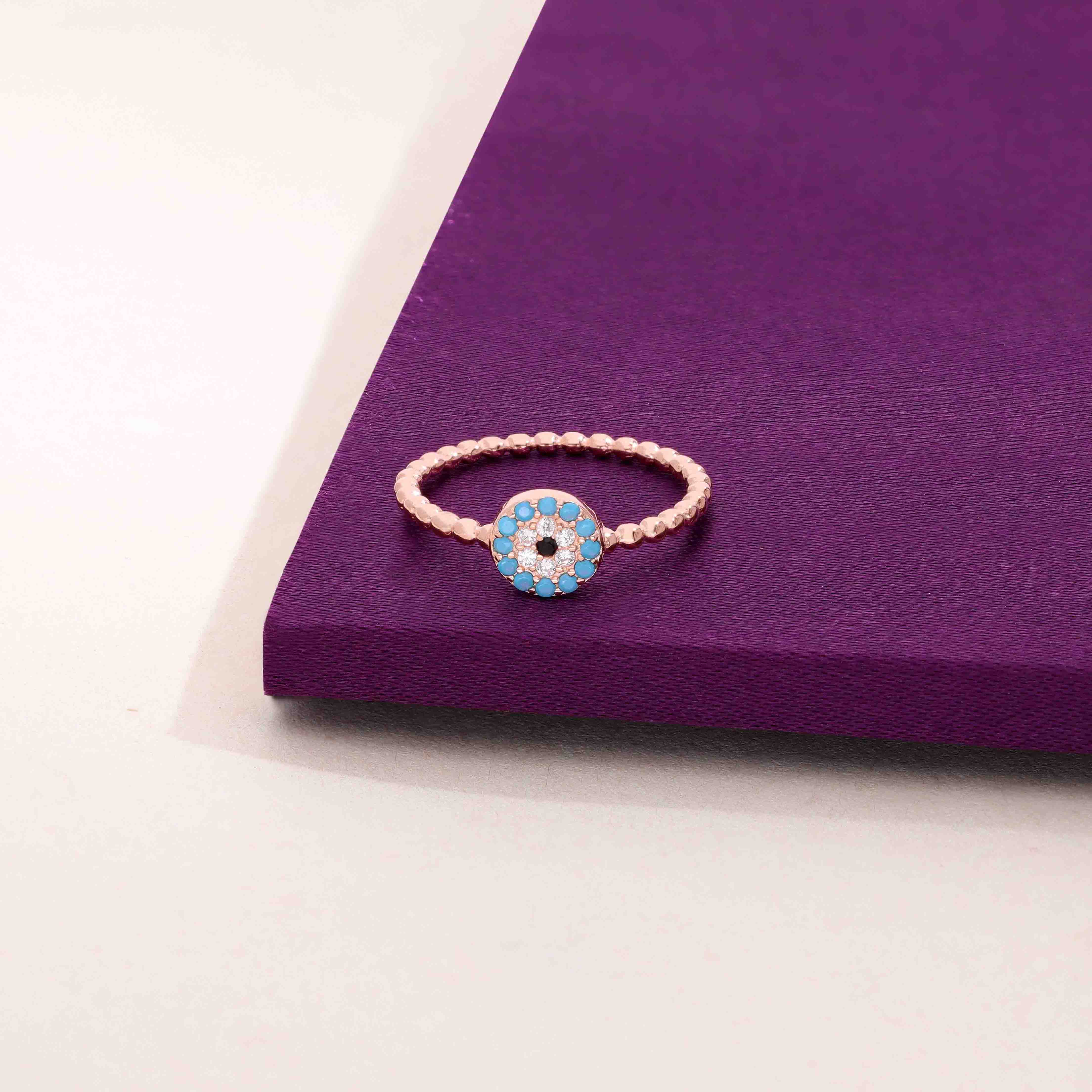 Simply Circular Evil Eye Diamond Studded Silver Ring - Image 6