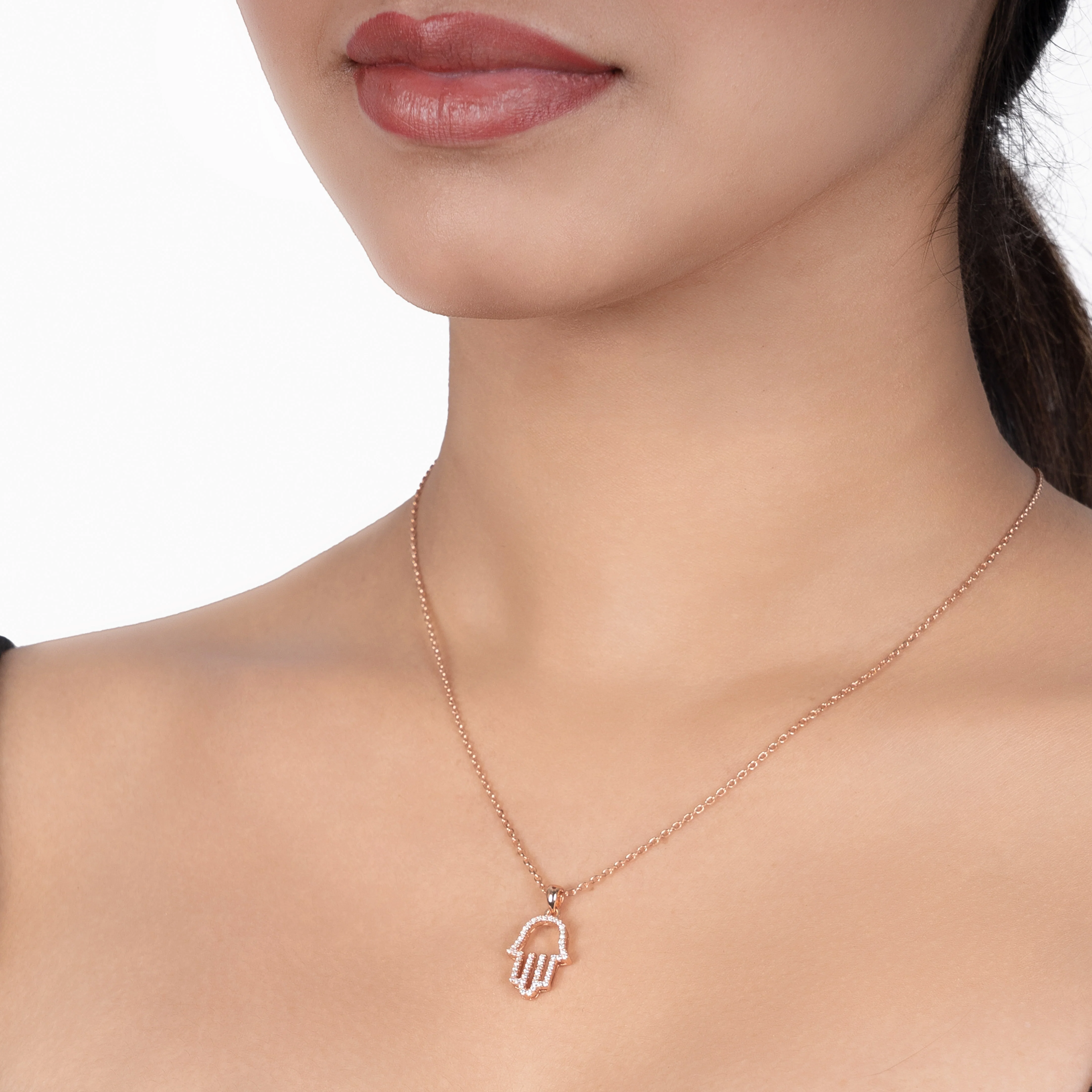 Zircon Single Hamsa Hand Casual Rose Gold Necklace - Image 3
