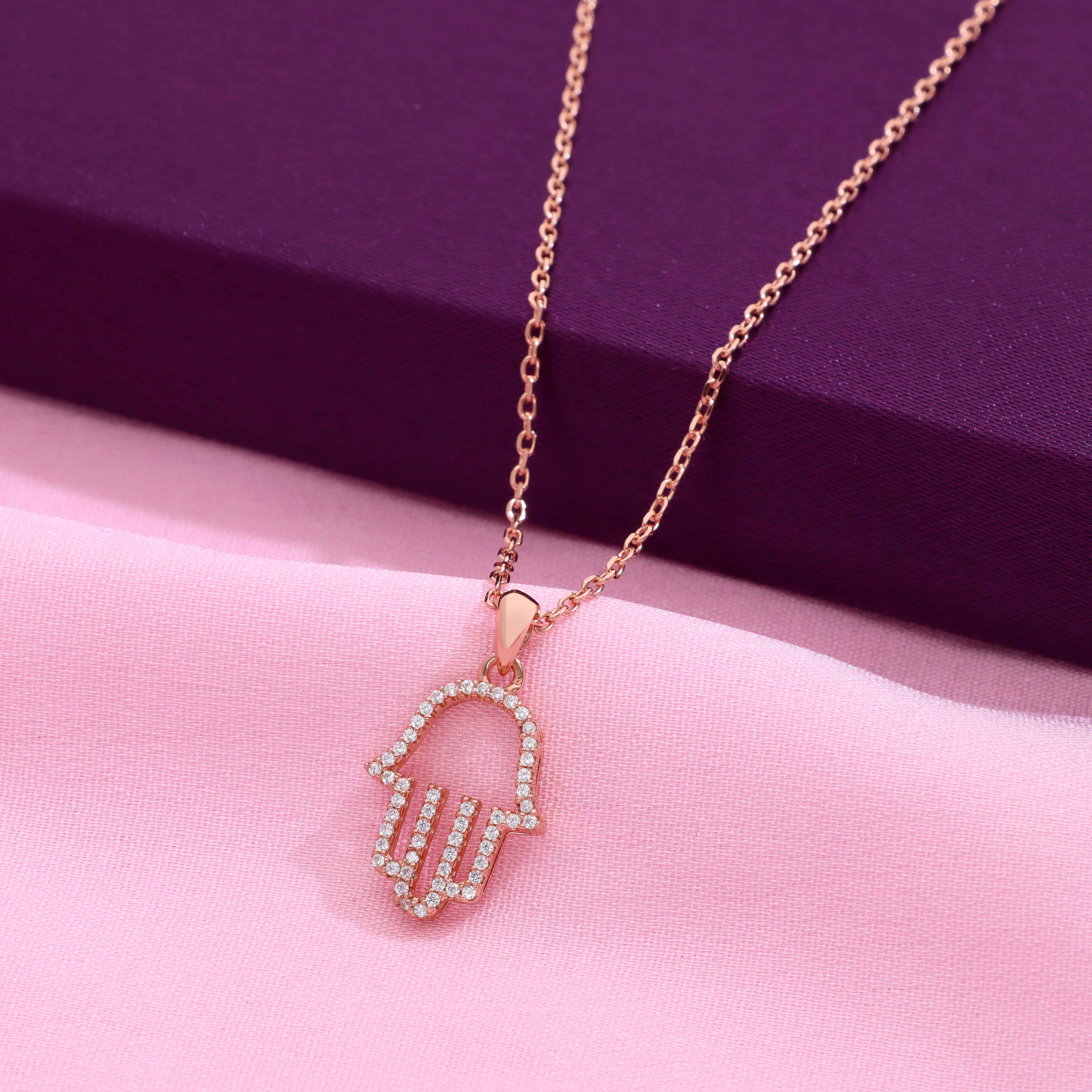 Zircon Single Hamsa Hand Casual Rose Gold Necklace - Image 6