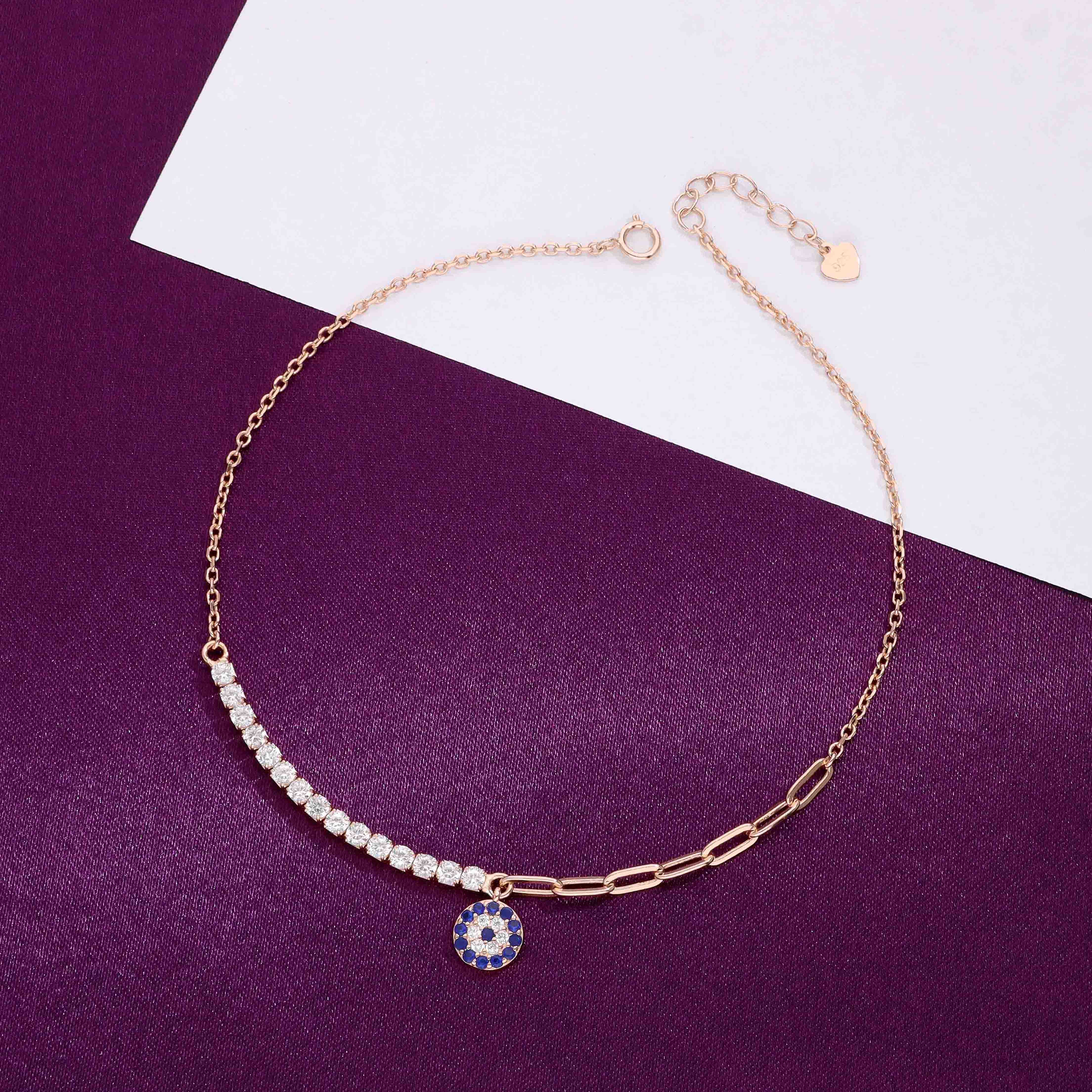 SINGLE EVIL EYE ZIRCON STUDDED SILVER ANKLET - Image 6