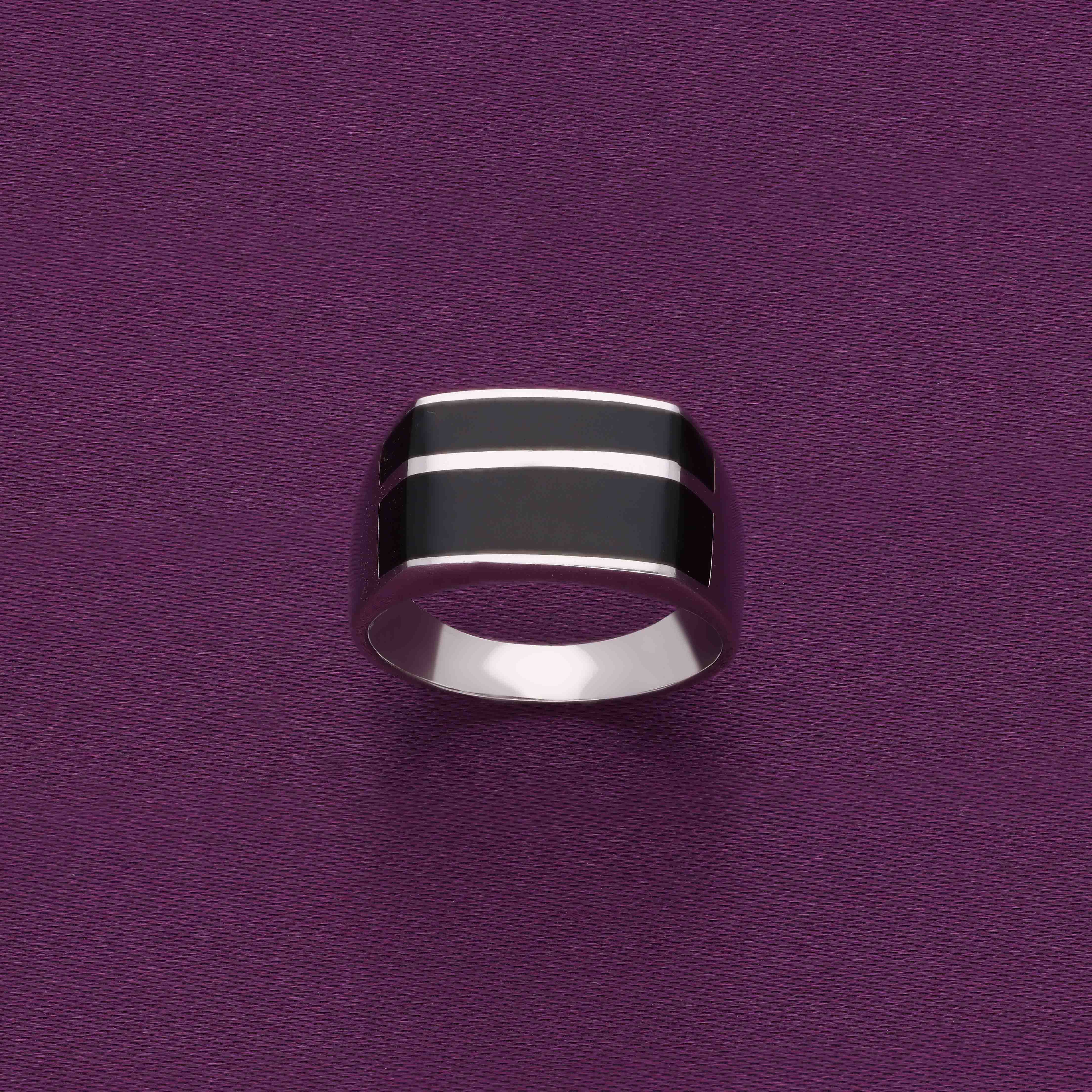 Men's Dual Line with Jet Black Enamel  Silver Ring - Image 2