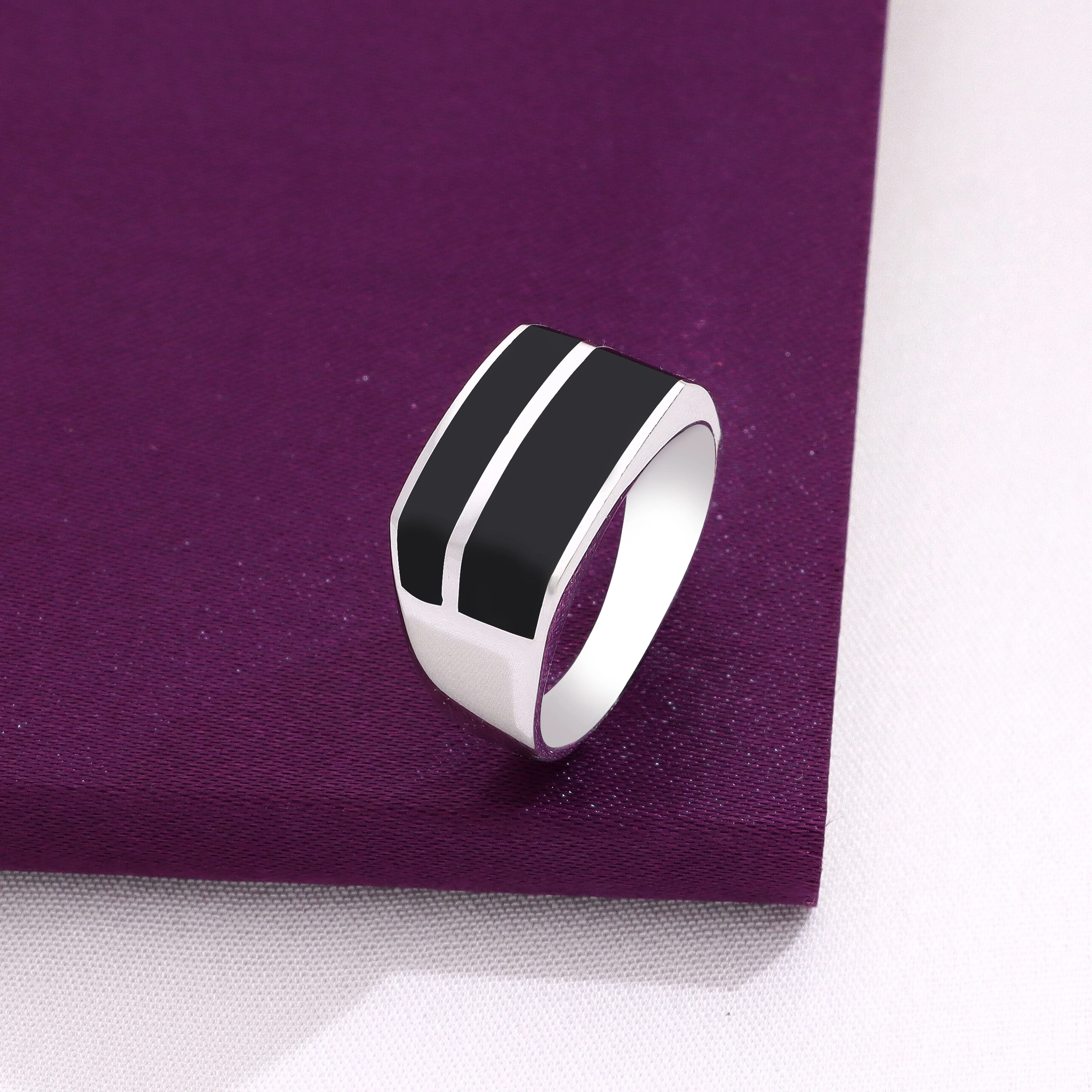 Men's Dual Line with Jet Black Enamel  Silver Ring - Image 3