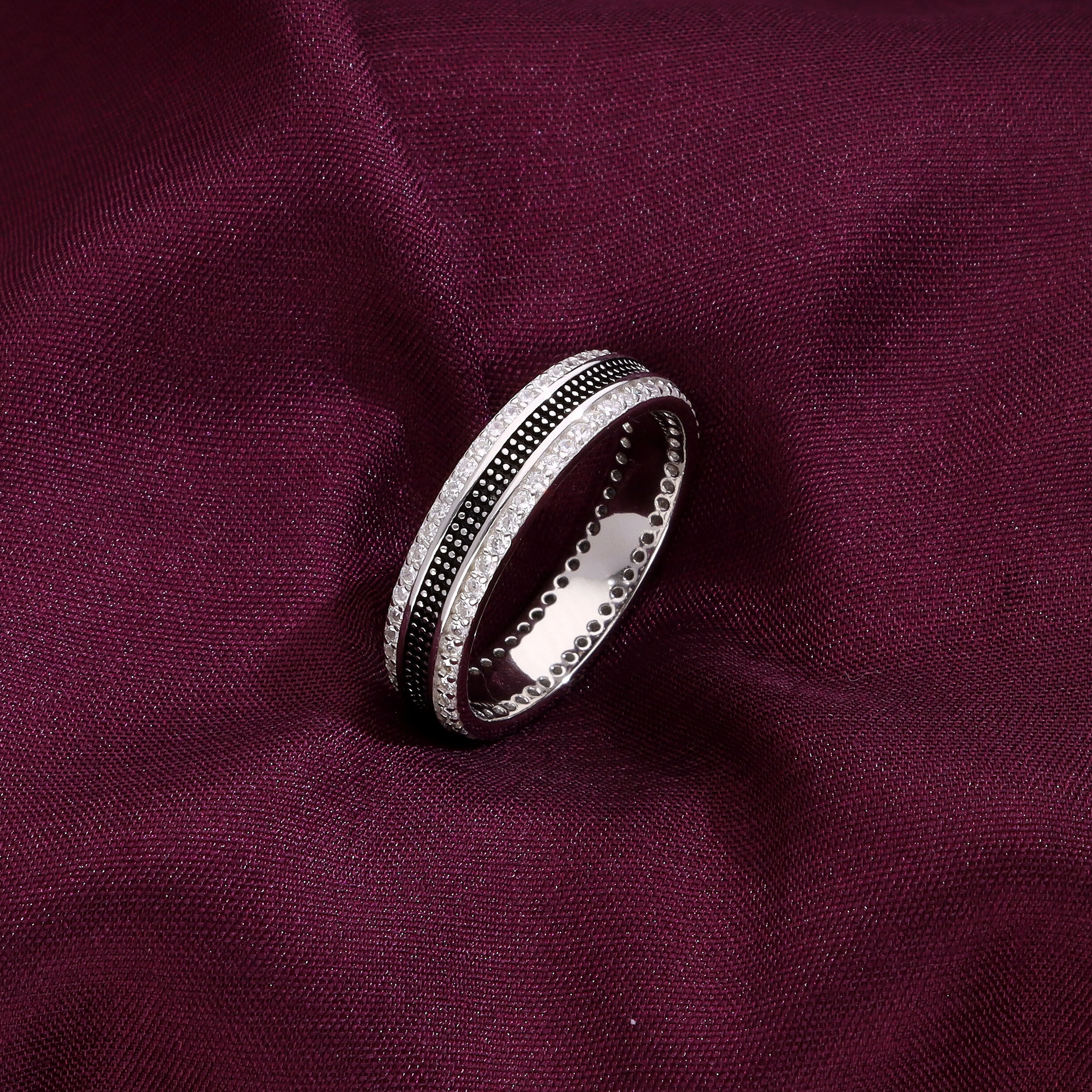 Men's Boldly Engraved Zircon Silver Band - Image 4