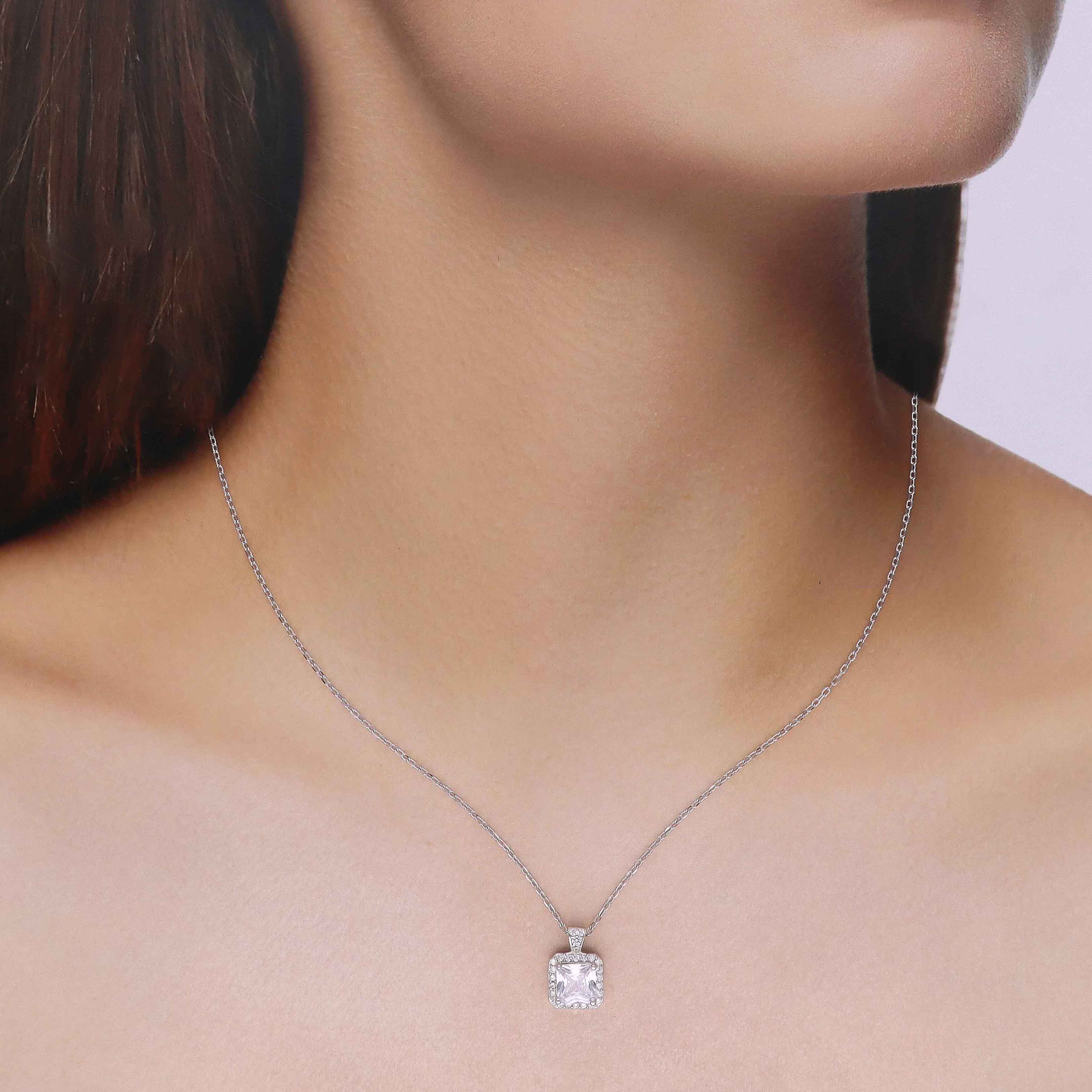 Sterling Silver Square Solitaire Princess Cut Necklace - Image 3