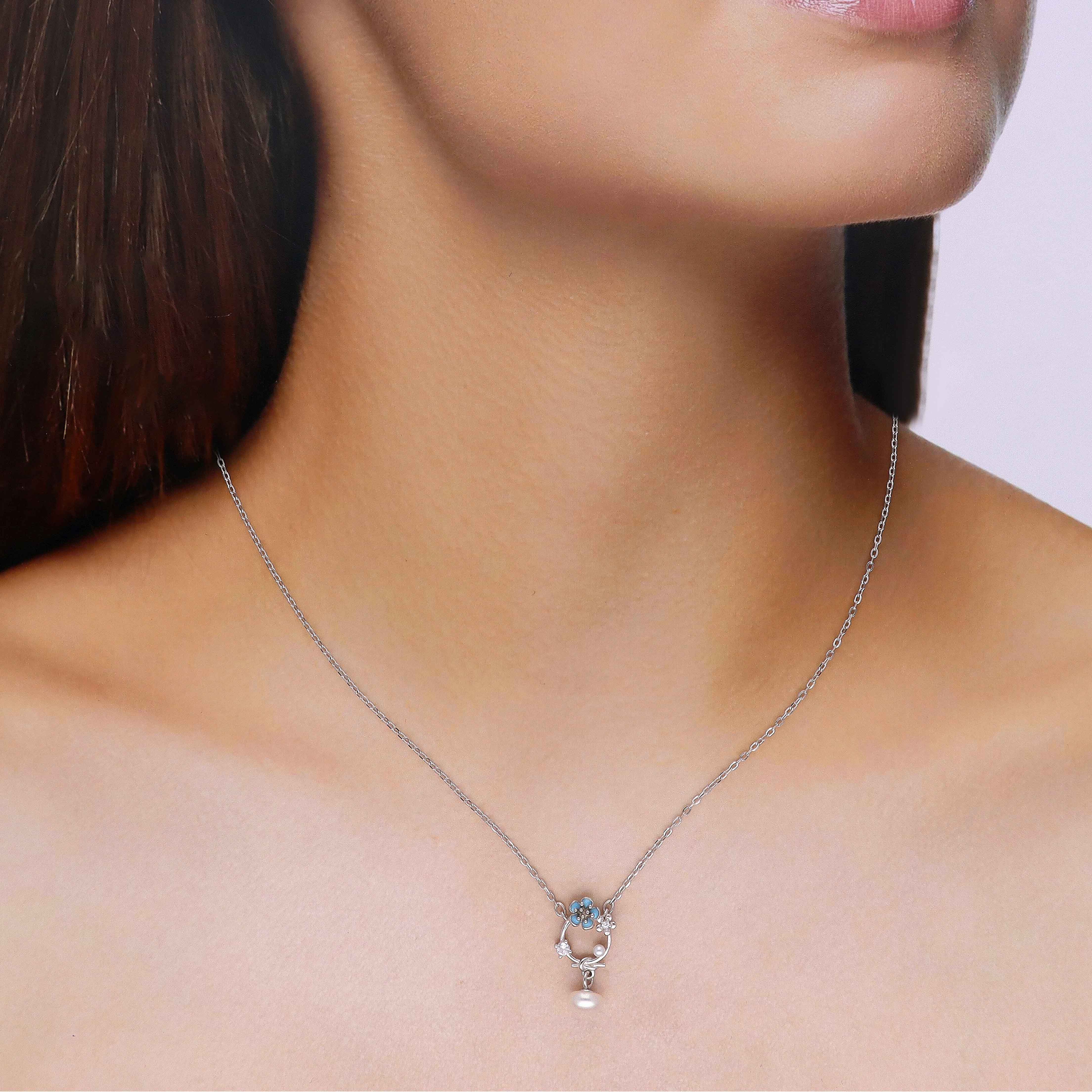 Sterling Silver Floral Pearl Drop Necklace - Image 3