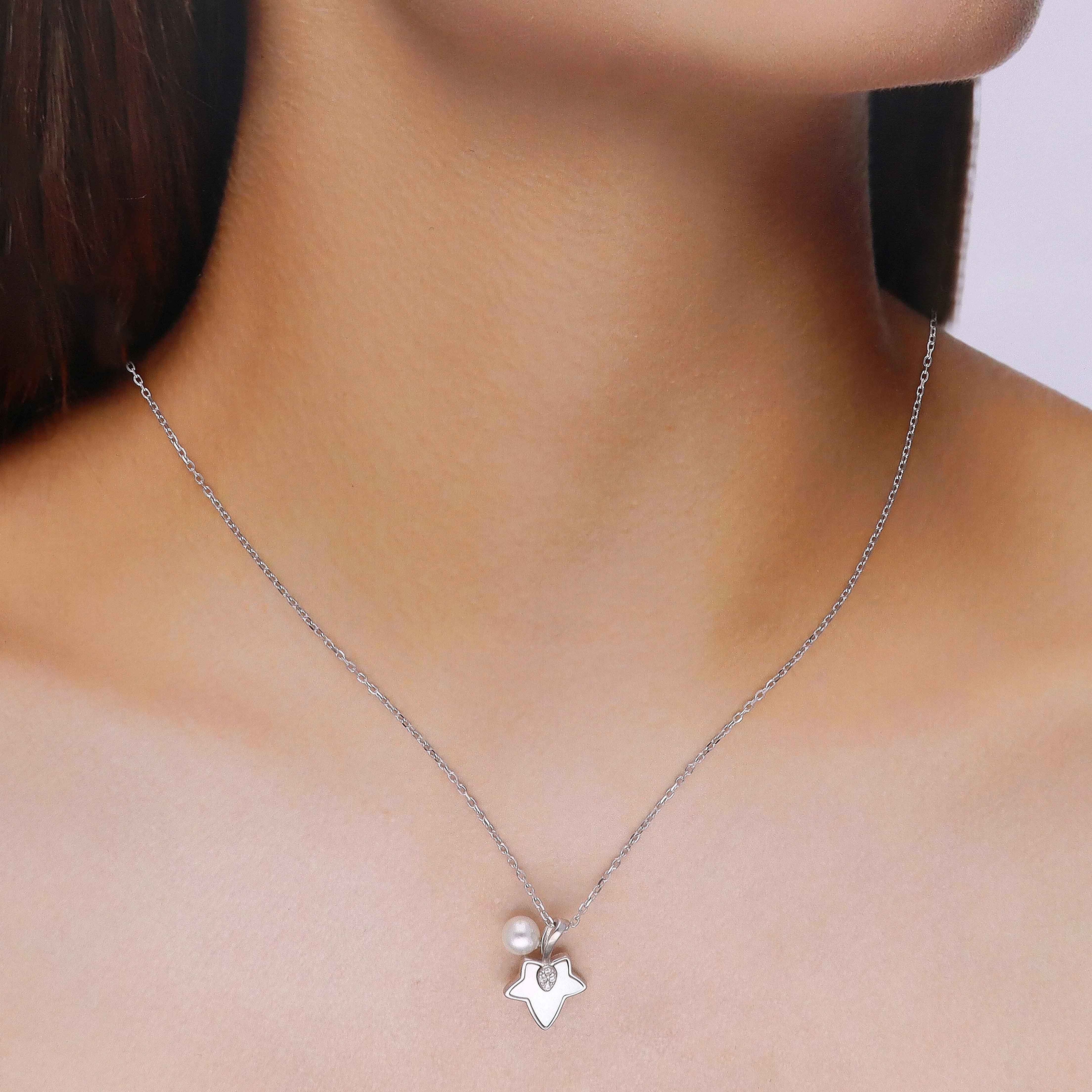 Sterling Silver Maple Leaf & Pearl Drop Necklace - Image 5