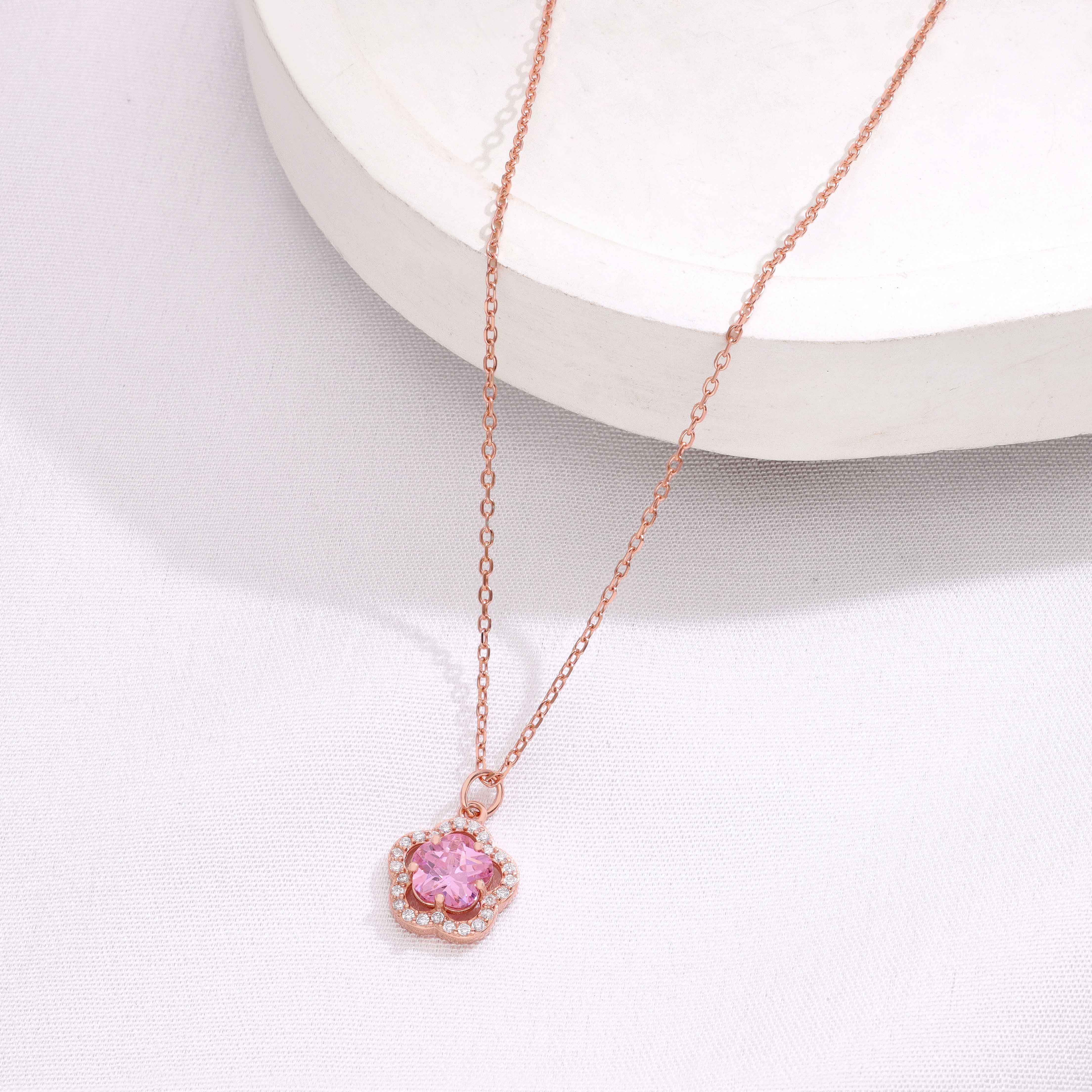 Sterling Silver Pink Zircon Floral Necklace - Image 2