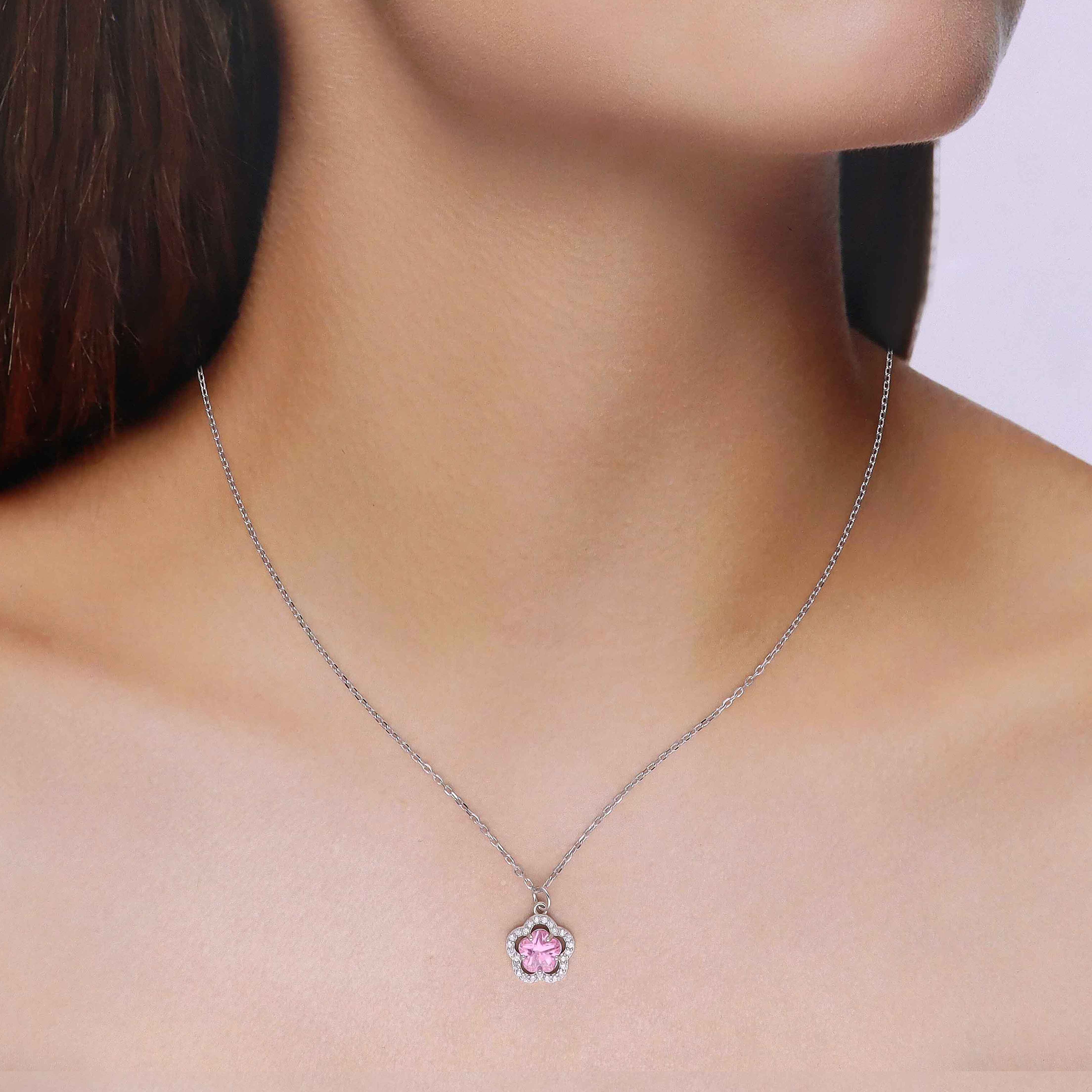Sterling Silver Pink Zircon Floral Necklace - Image 5