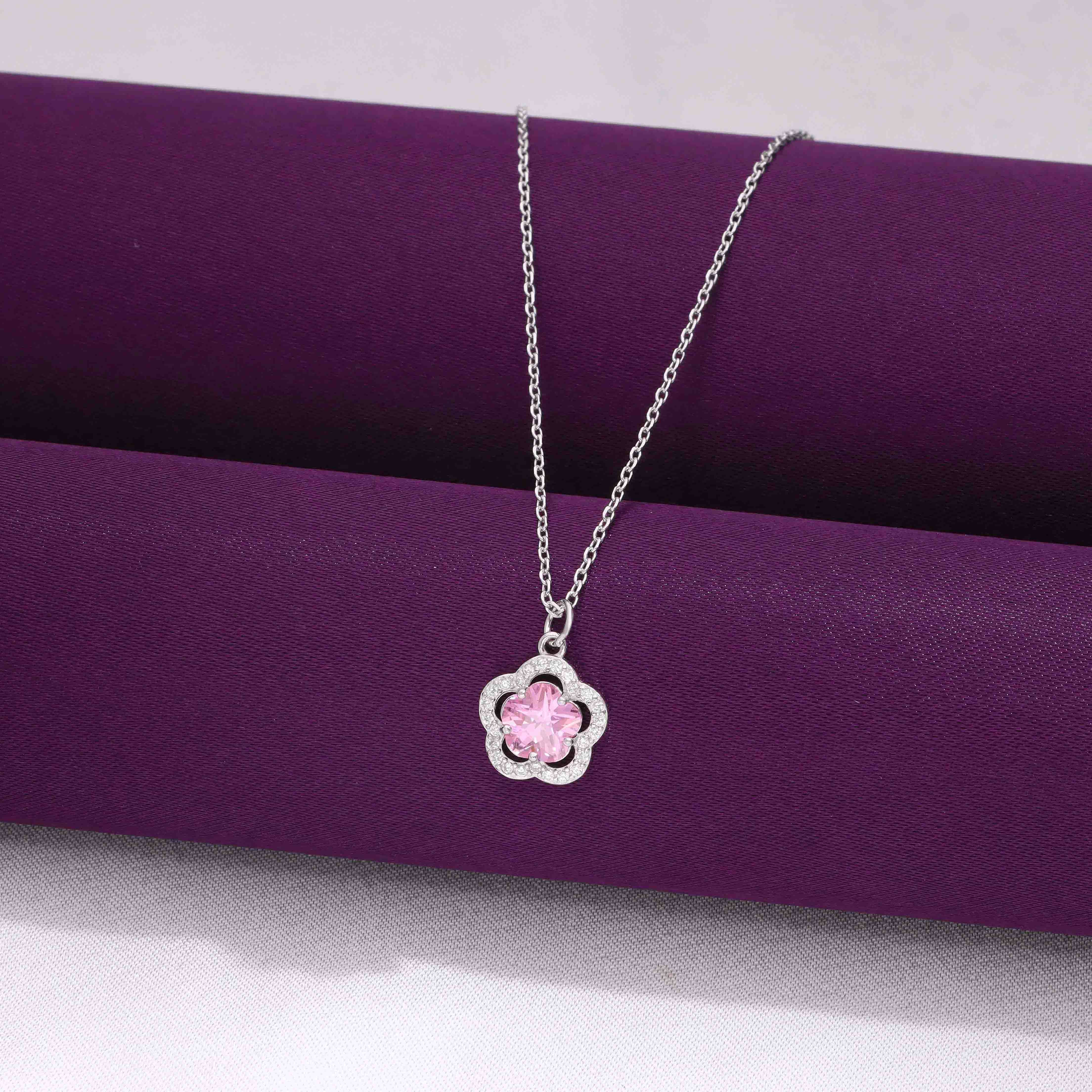 Sterling Silver Pink Zircon Floral Necklace - Image 9