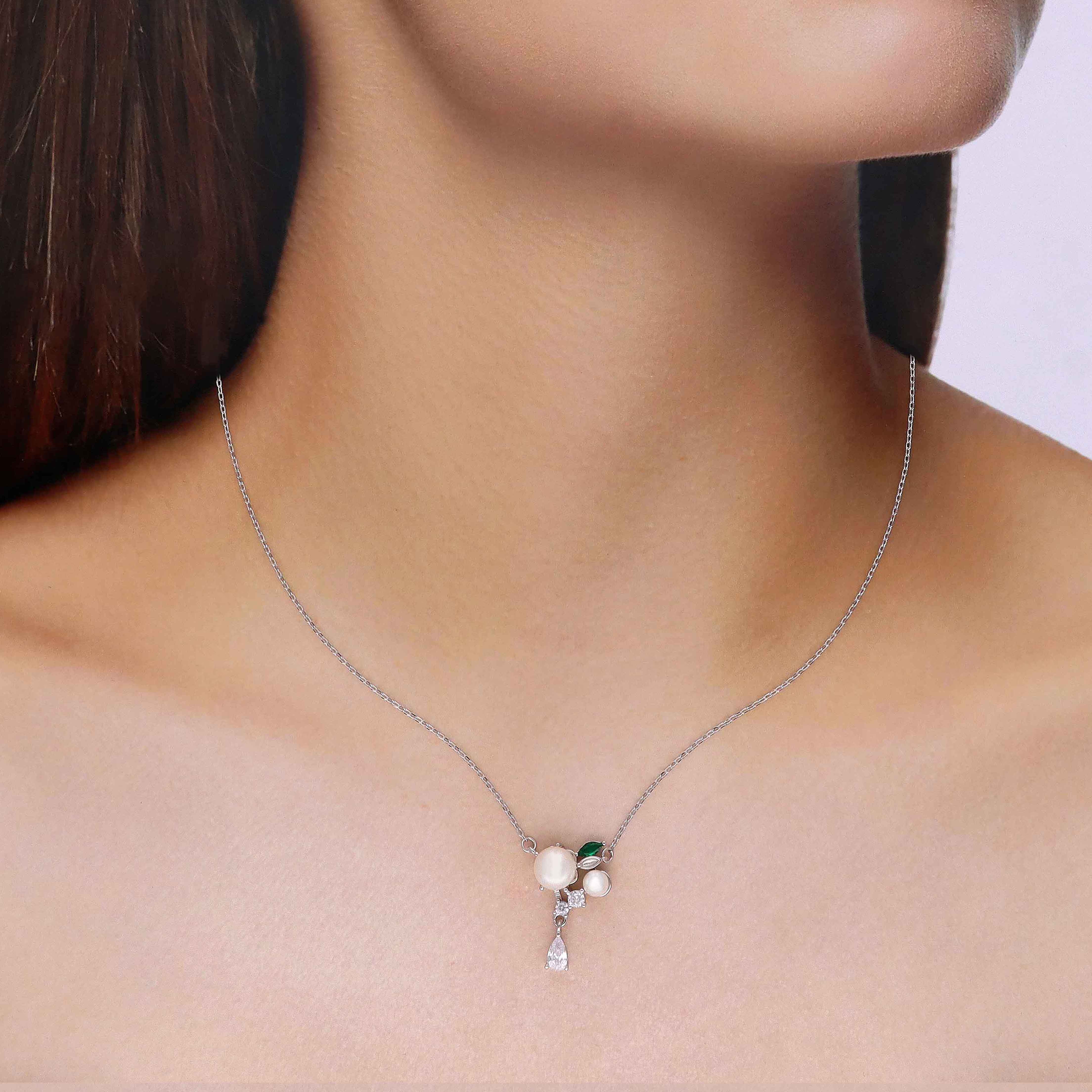 Sterling Silver Pearl & Solitaire Drop Necklace - Image 3