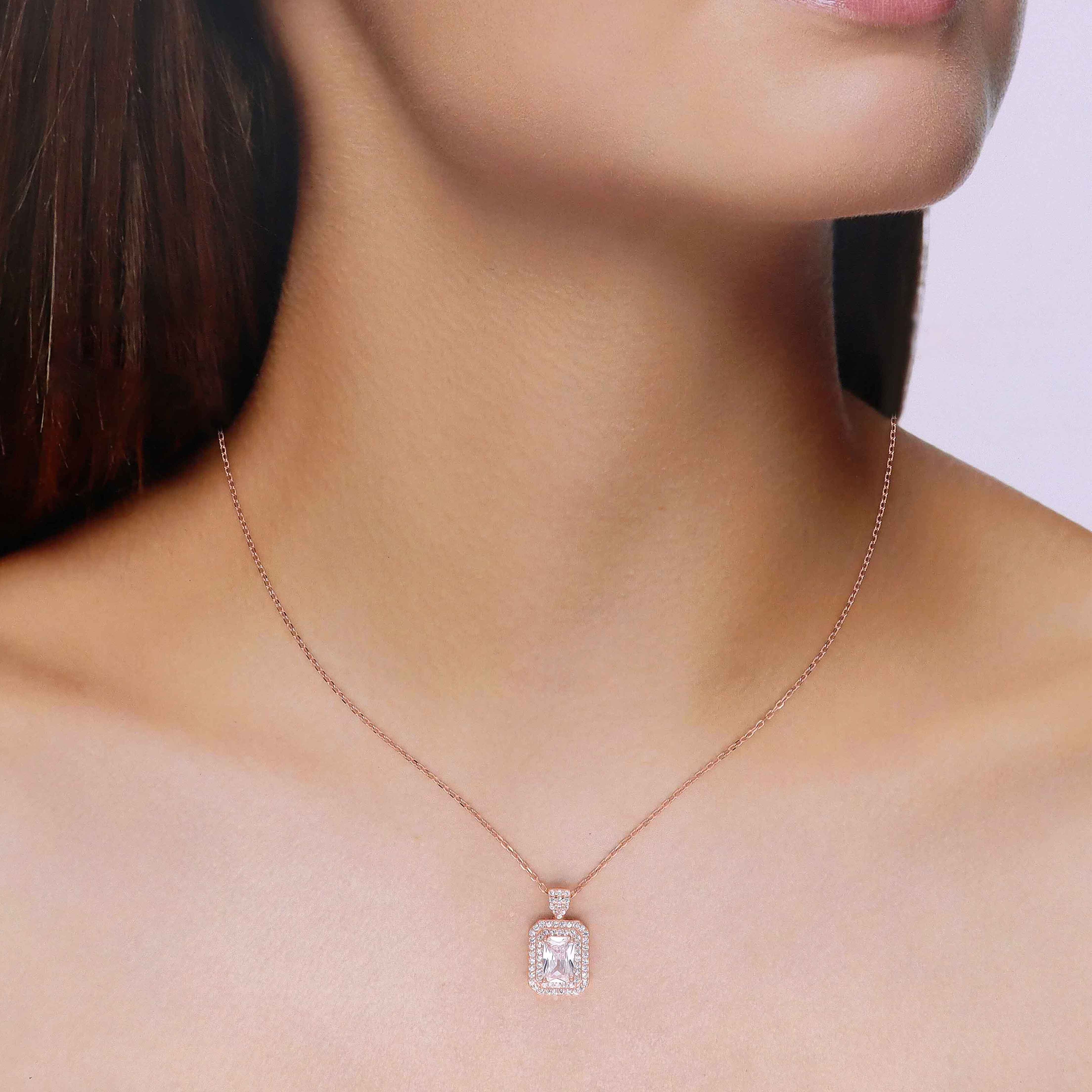 Sterling Silver Rose Gold Princess Cut Zircon Studded Necklace - Image 2