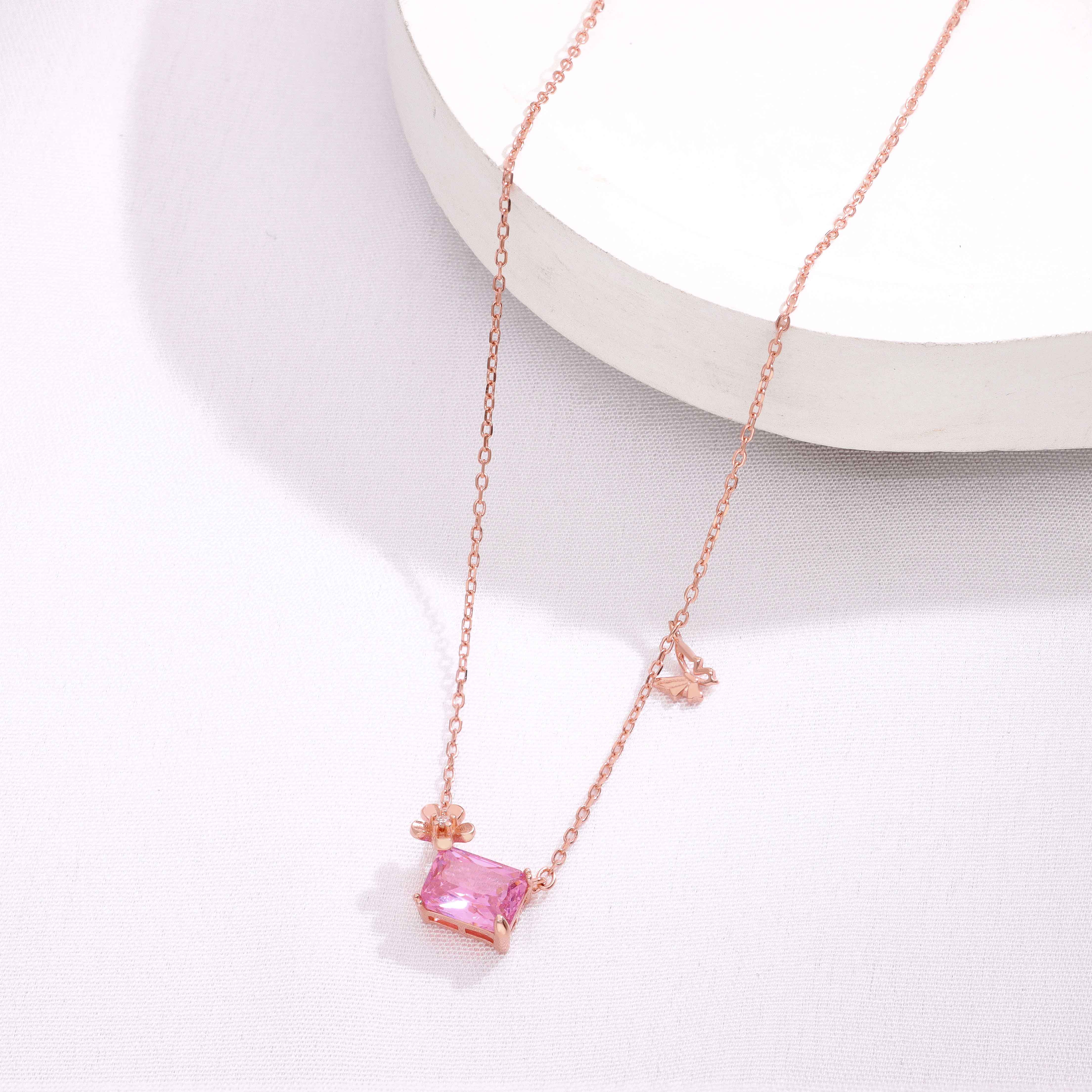 Sterling Silver Pink Emerald Cut Floral Necklace - Image 2